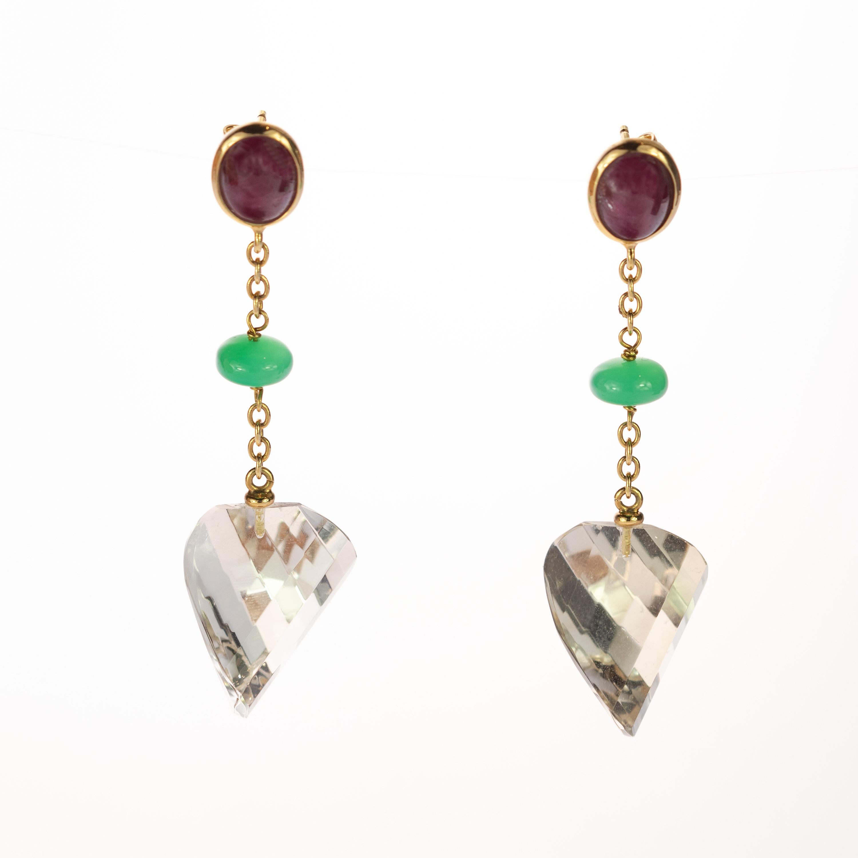 Taglio misto Orecchini geometrici in oro giallo 18 carati con crisofrasio e quarzo citrino in vendita