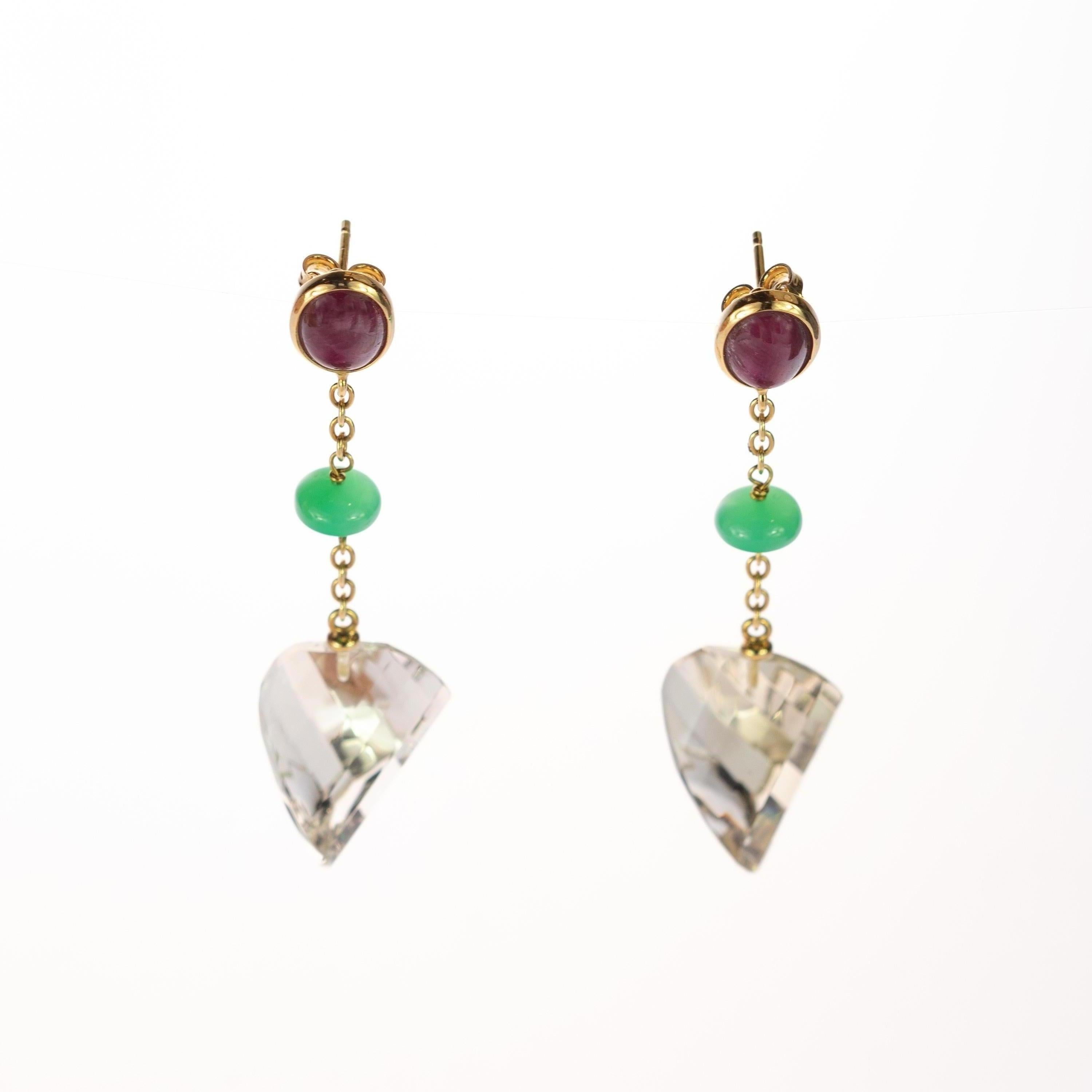 Orecchini geometrici in oro giallo 18 carati con crisofrasio e quarzo citrino In condizioni Nuovo in vendita a Milano, IT