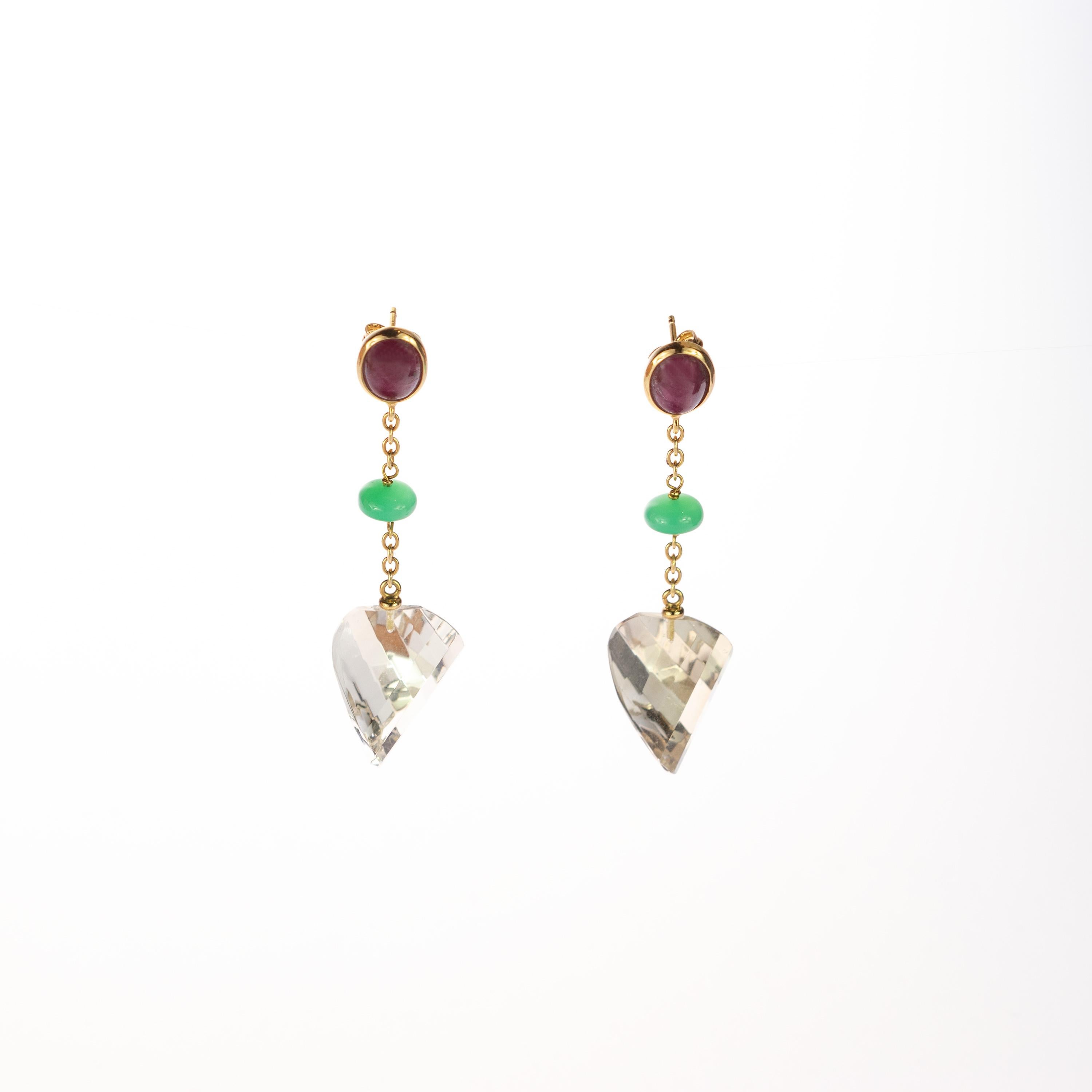 Donna Orecchini geometrici in oro giallo 18 carati con crisofrasio e quarzo citrino in vendita