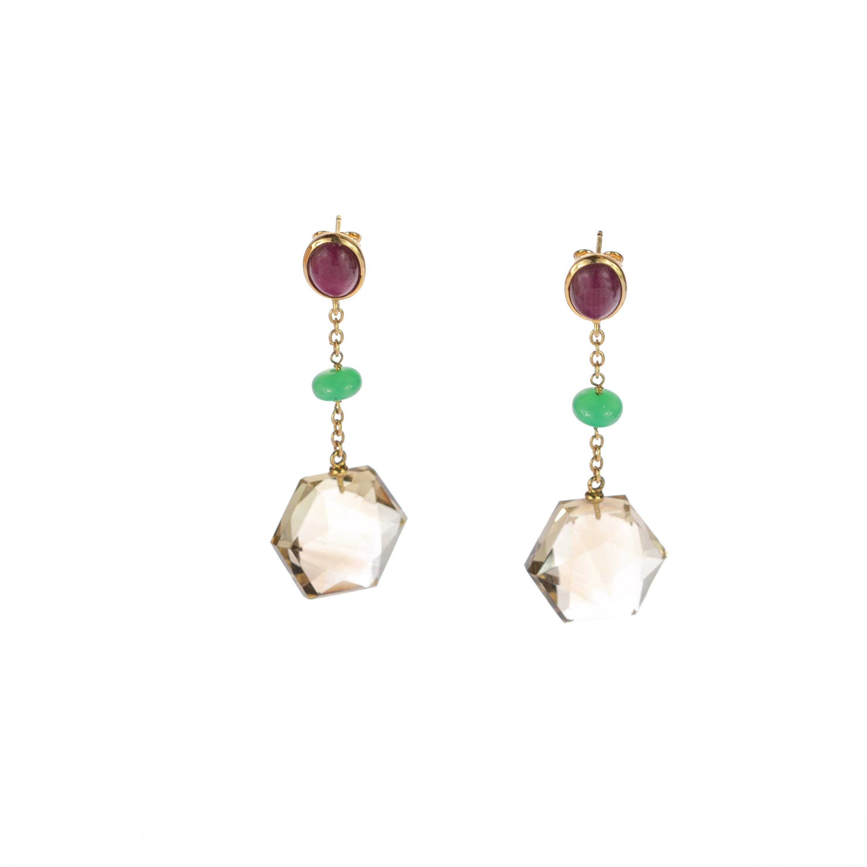 Orecchini geometrici in oro giallo 18 carati con crisofrasio e quarzo citrino In condizioni Nuovo in vendita a Milano, IT