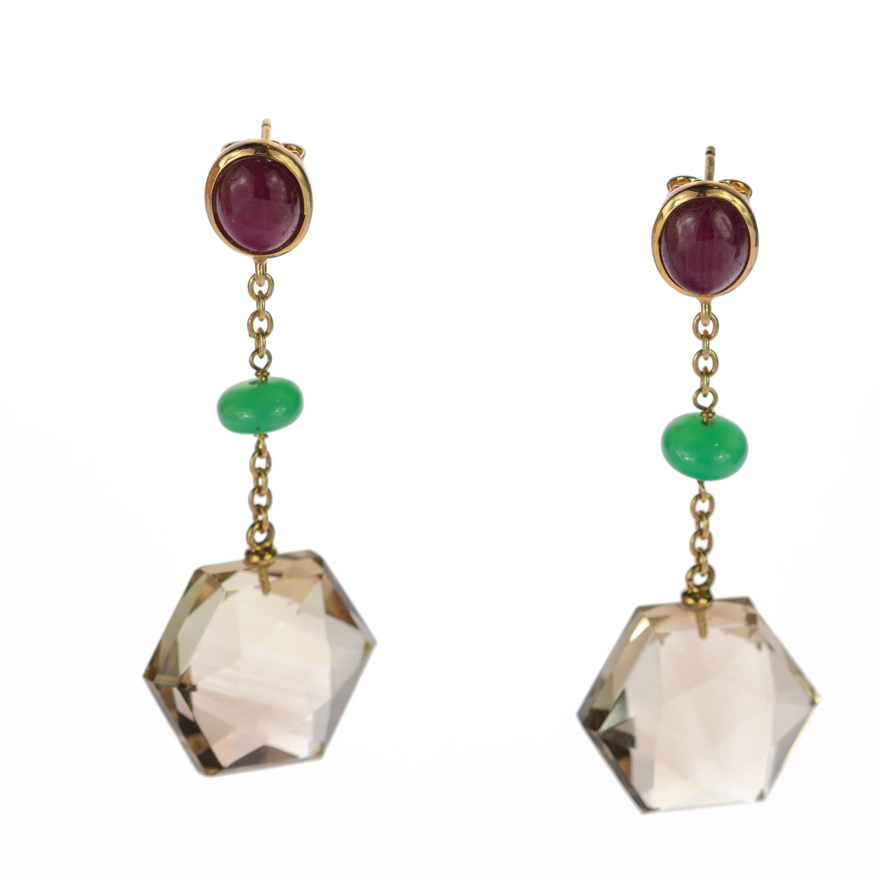 da uomo o donna Orecchini geometrici in oro giallo 18 carati con crisofrasio e quarzo citrino in vendita