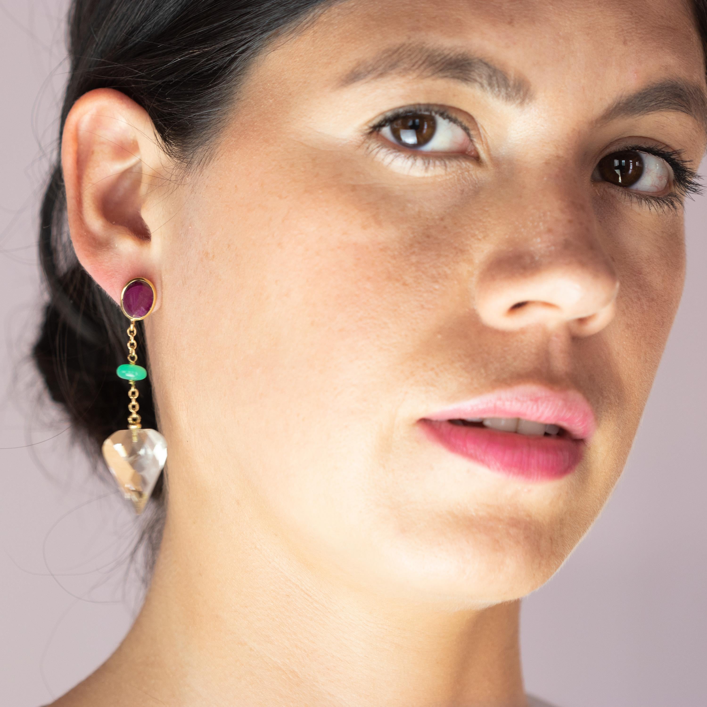 Orecchini geometrici in oro giallo 18 carati con crisofrasio e quarzo citrino in vendita 1