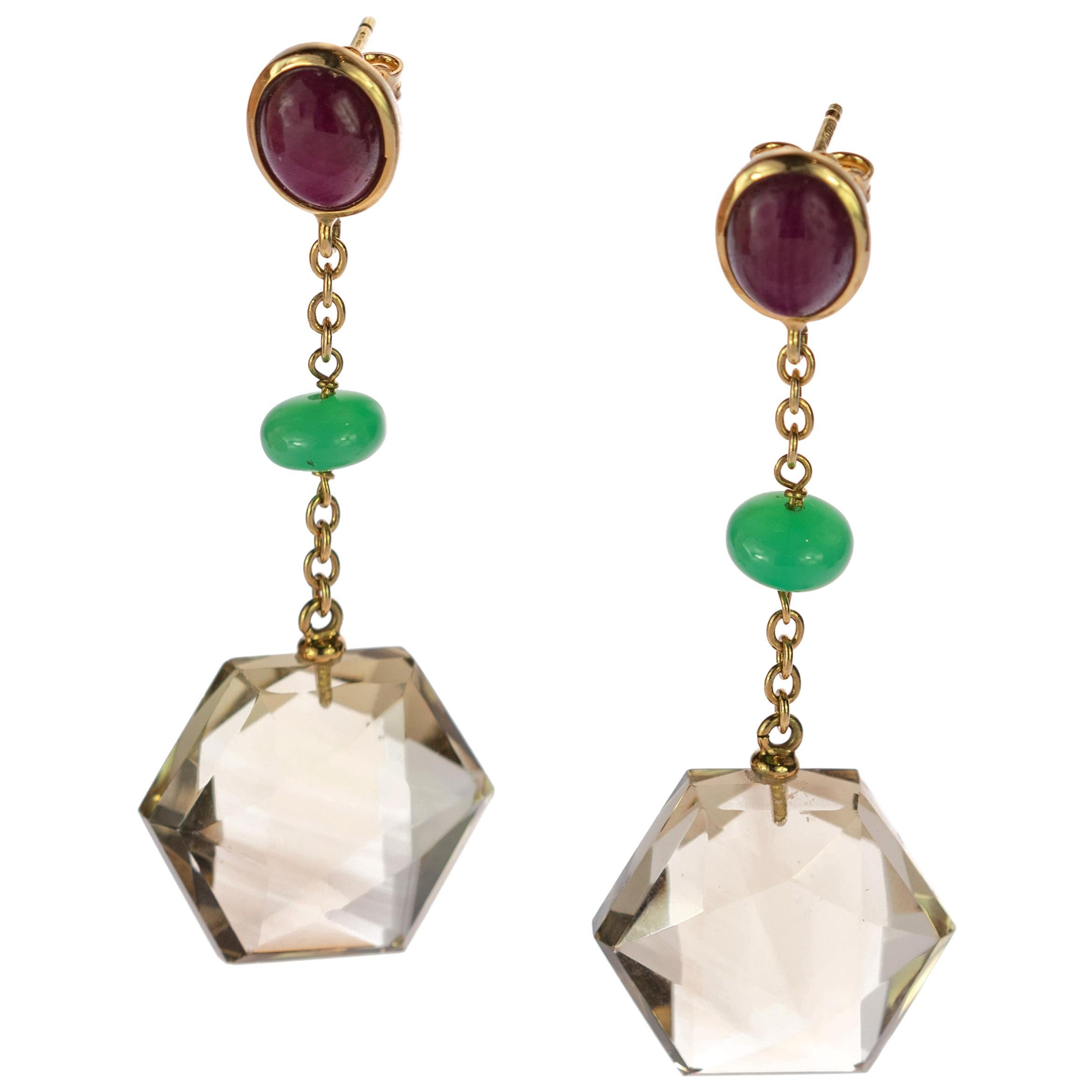 Orecchini geometrici in oro giallo 18 carati con crisofrasio e quarzo citrino