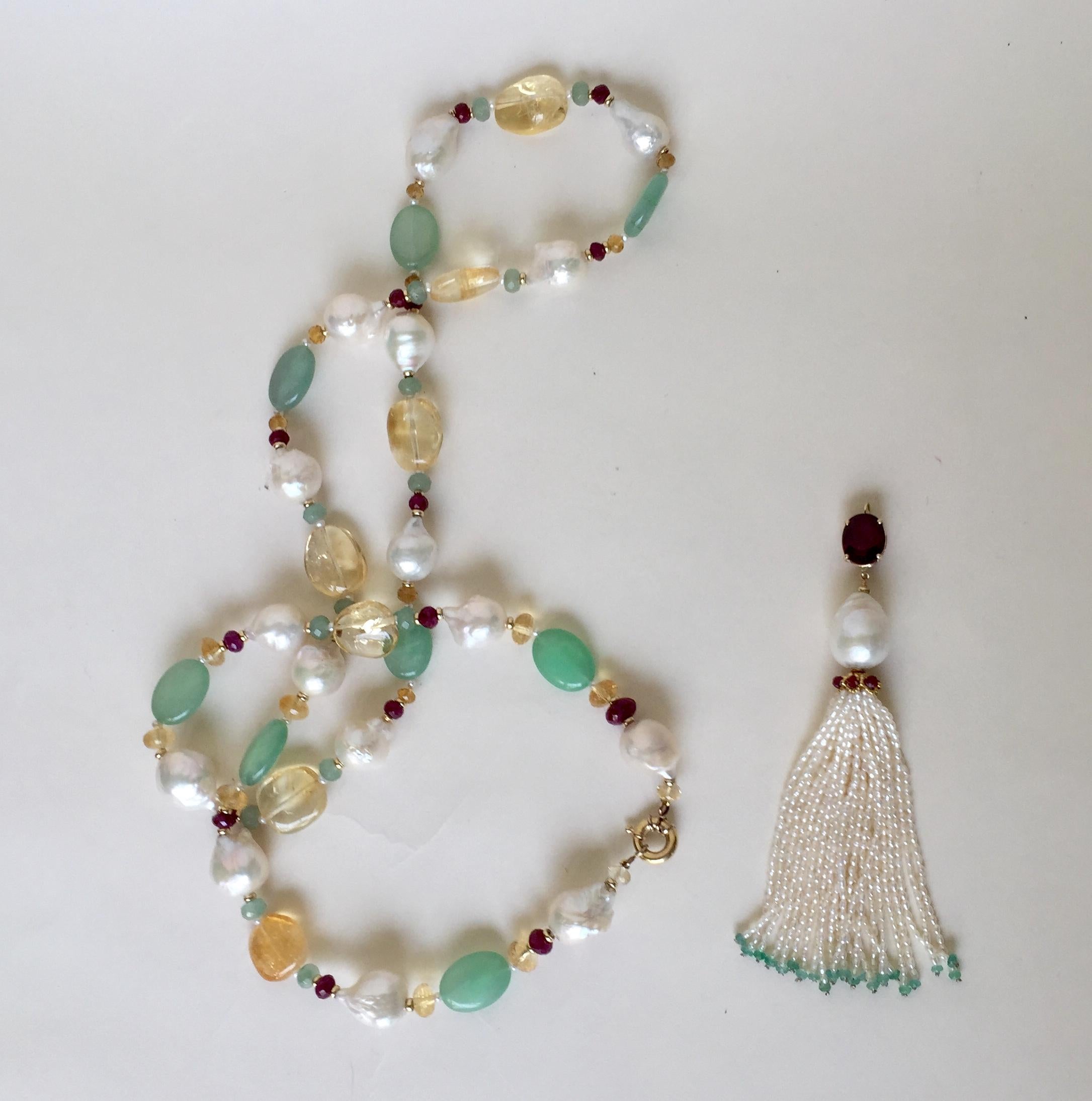 Ruby, Citrine, 14 Karat Gold, Pearl, and Apatite Sautoir Necklace with Tassel 6