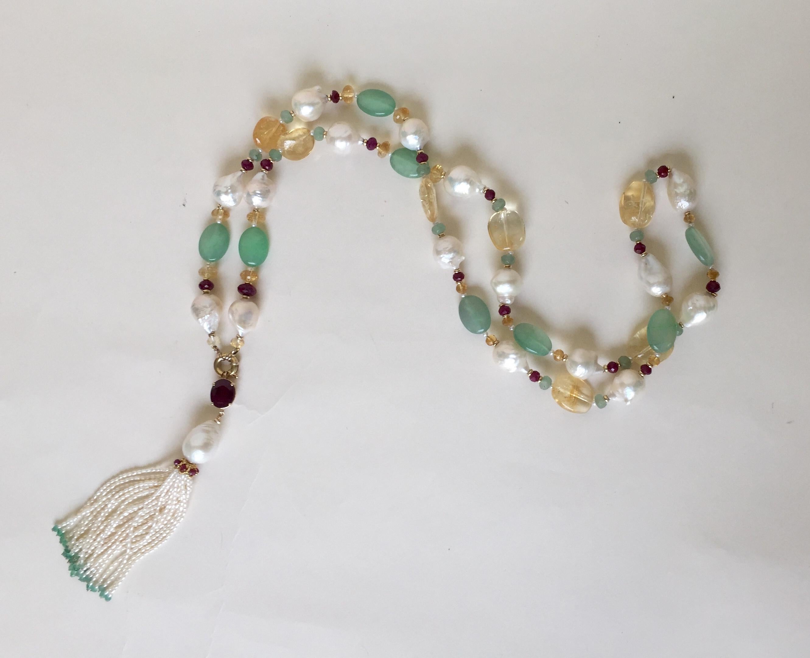 Ruby, Citrine, 14 Karat Gold, Pearl, and Apatite Sautoir Necklace with Tassel 7