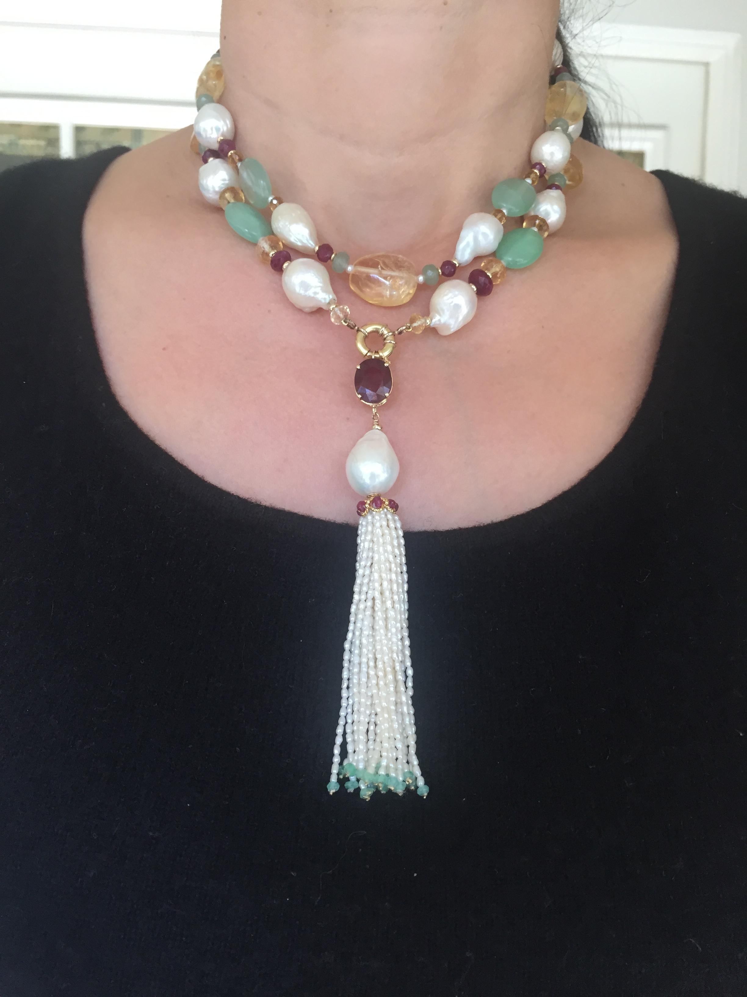 Ruby, Citrine, 14 Karat Gold, Pearl, and Apatite Sautoir Necklace with Tassel 9