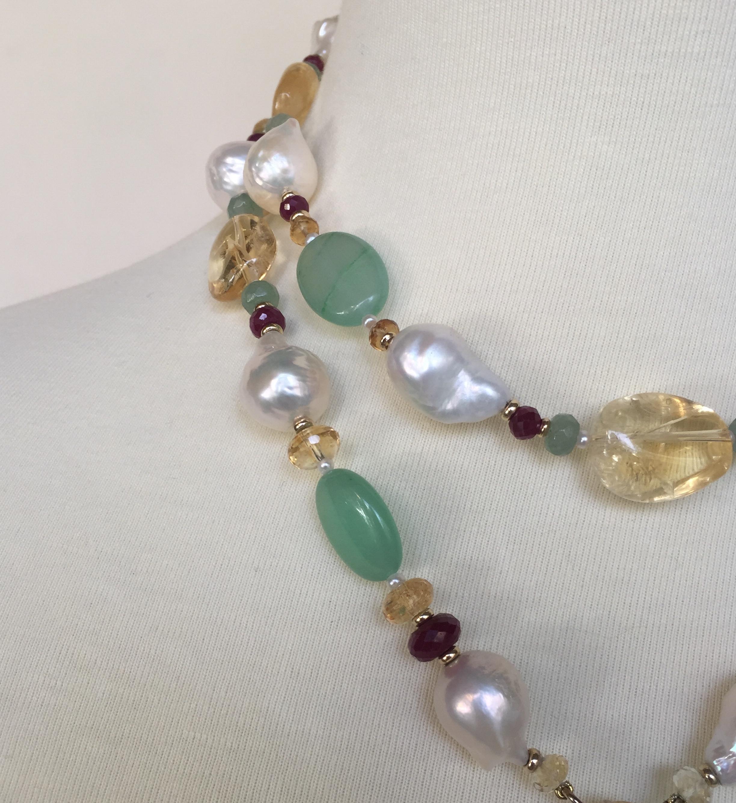 Artist Ruby, Citrine, 14 Karat Gold, Pearl, and Apatite Sautoir Necklace with Tassel