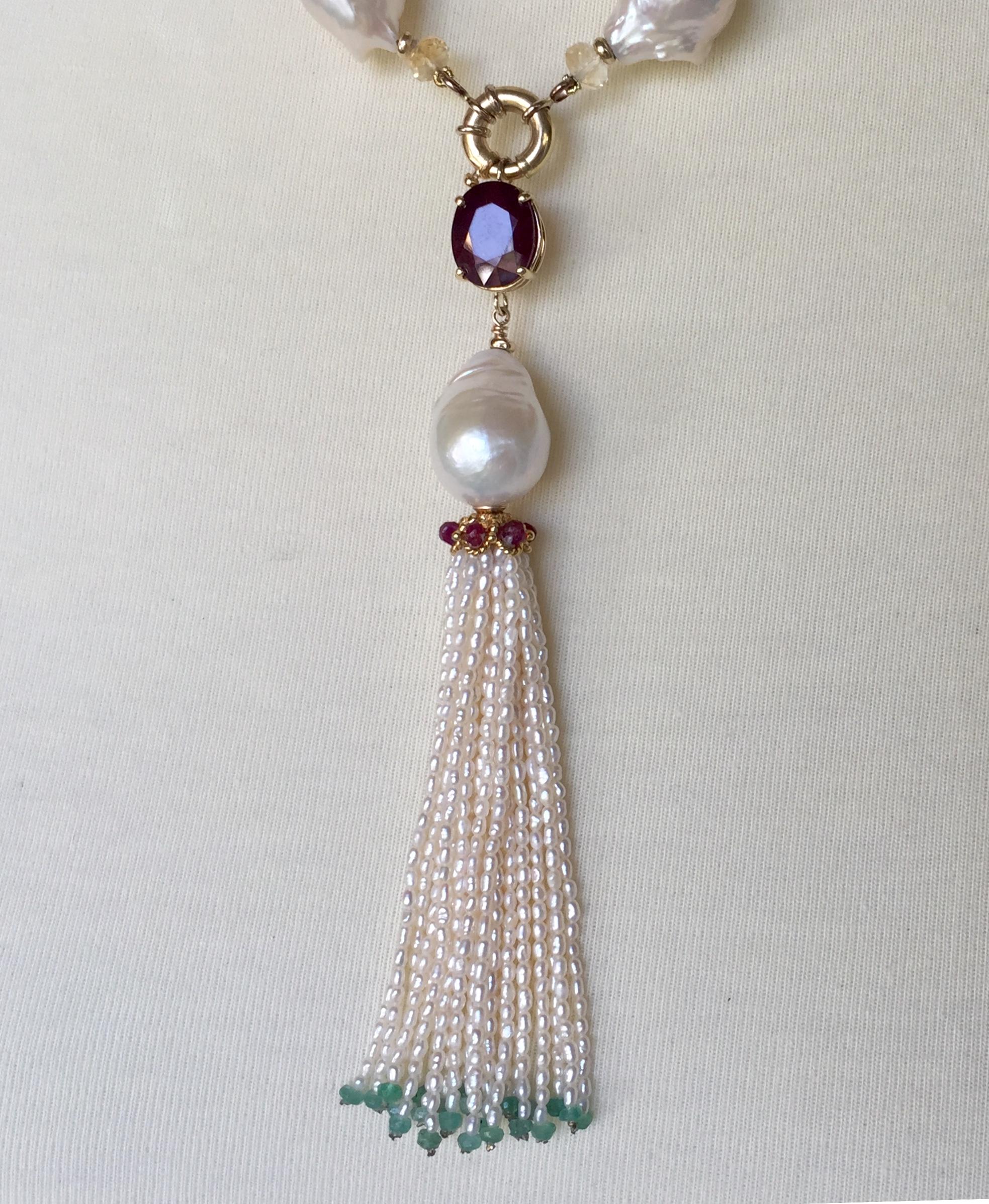 Ruby, Citrine, 14 Karat Gold, Pearl, and Apatite Sautoir Necklace with Tassel In New Condition In Los Angeles, CA