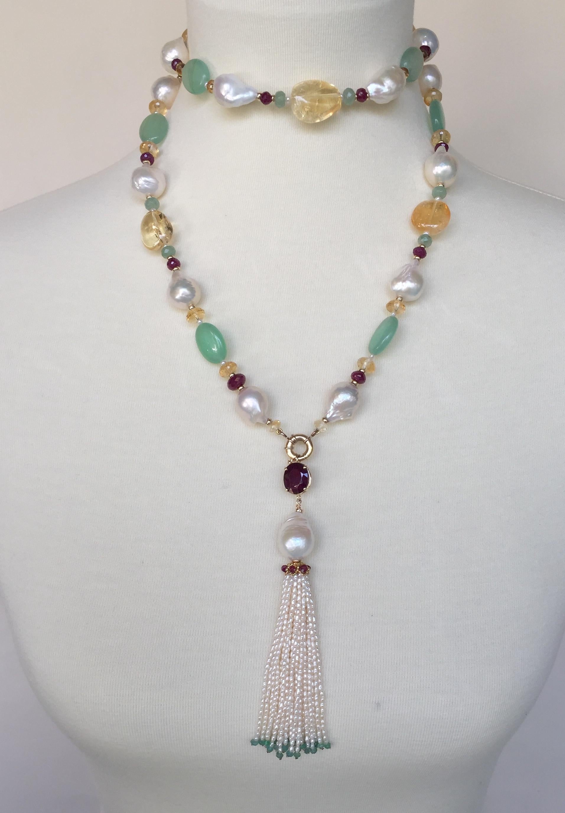 Ruby, Citrine, 14 Karat Gold, Pearl, and Apatite Sautoir Necklace with Tassel 1