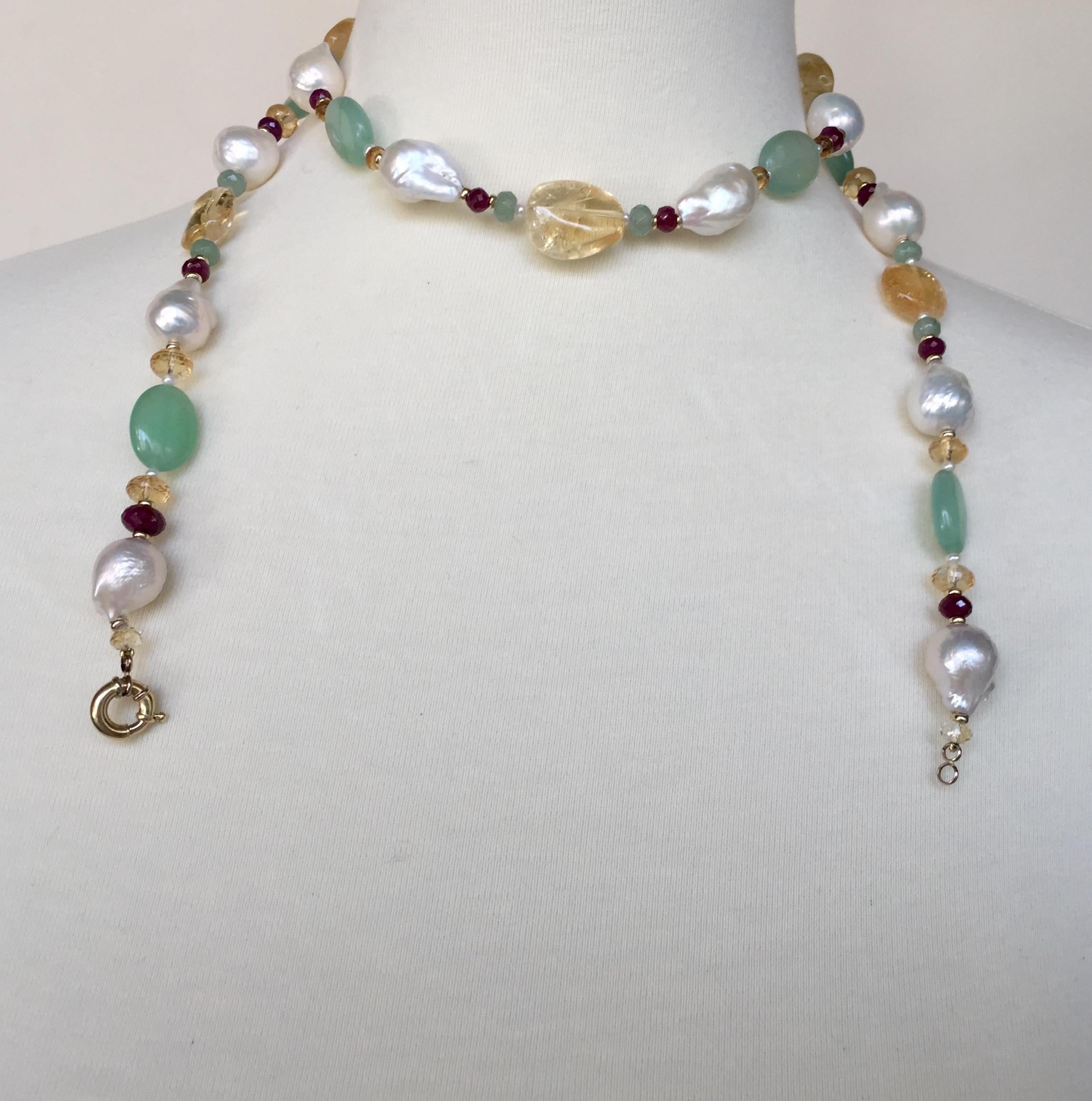 Ruby, Citrine, 14 Karat Gold, Pearl, and Apatite Sautoir Necklace with Tassel 3