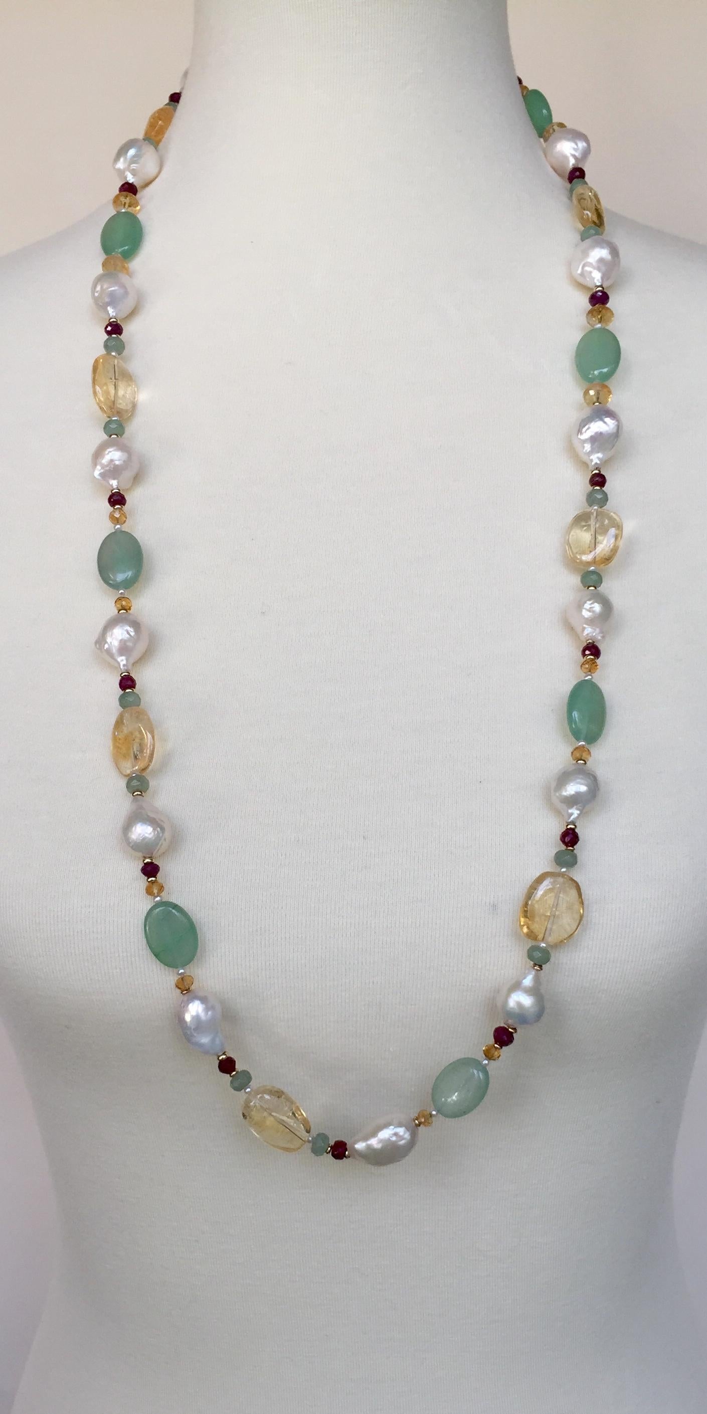 Ruby, Citrine, 14 Karat Gold, Pearl, and Apatite Sautoir Necklace with Tassel 4