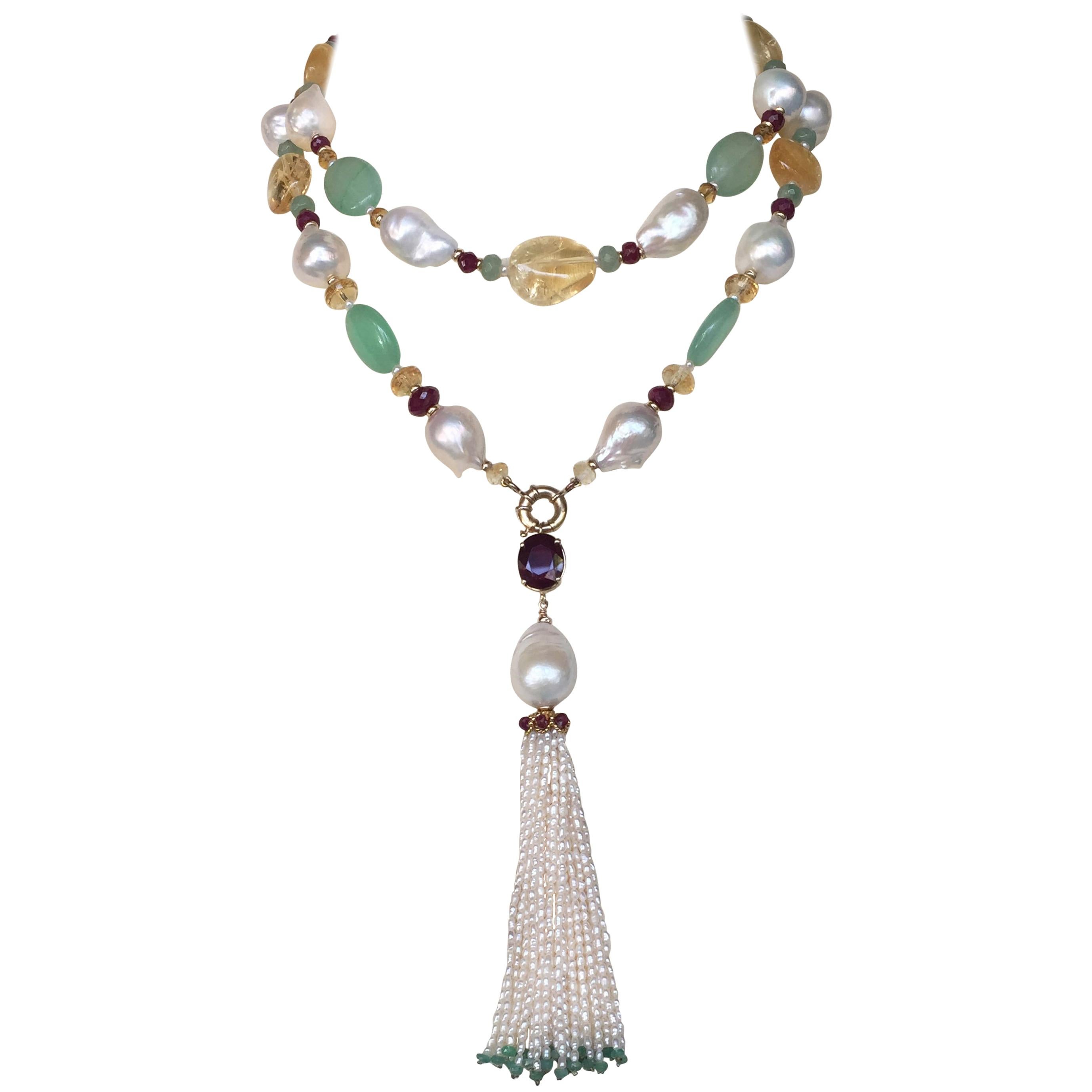 Ruby, Citrine, 14 Karat Gold, Pearl, and Apatite Sautoir Necklace with Tassel