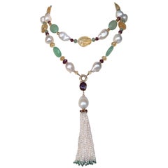 Ruby, Citrine, 14 Karat Gold, Pearl, and Apatite Sautoir Necklace with Tassel