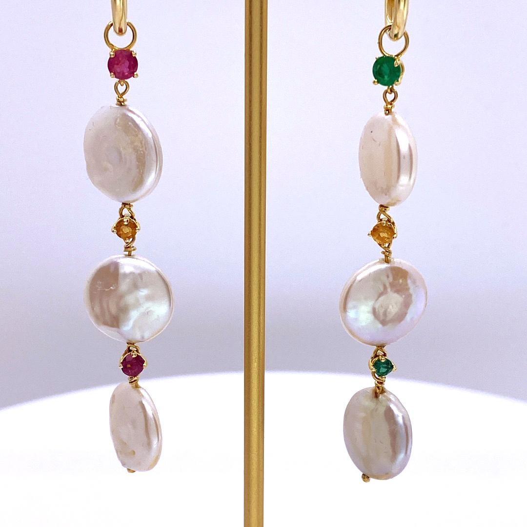 Ruby/ Citrine/ Emerald Coin Baroque Pearl Drop Earring For Sale 2