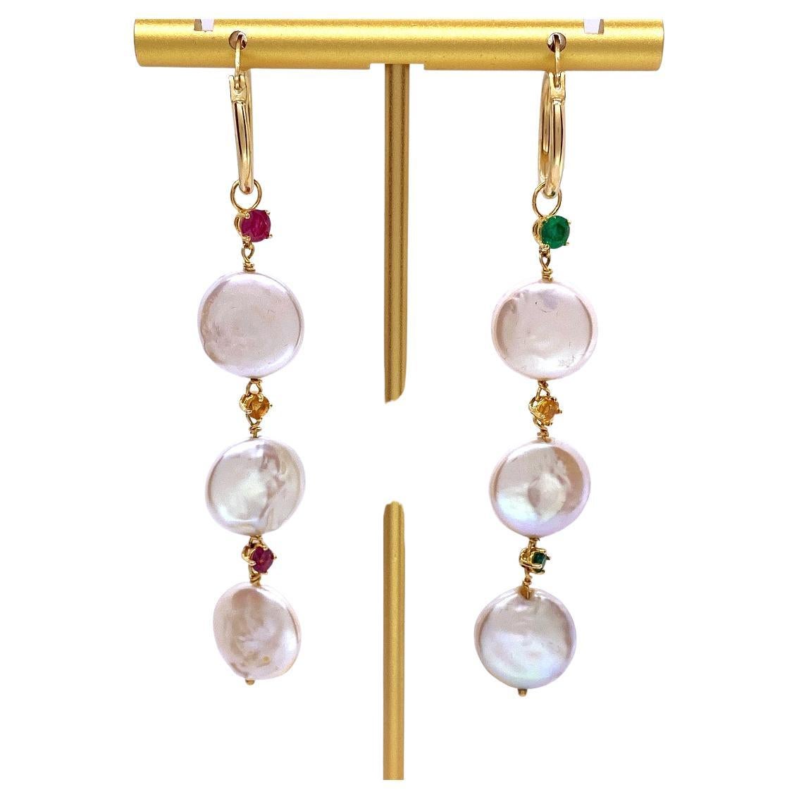 Ruby/ Citrine/ Emerald Coin Baroque Pearl Drop Earring