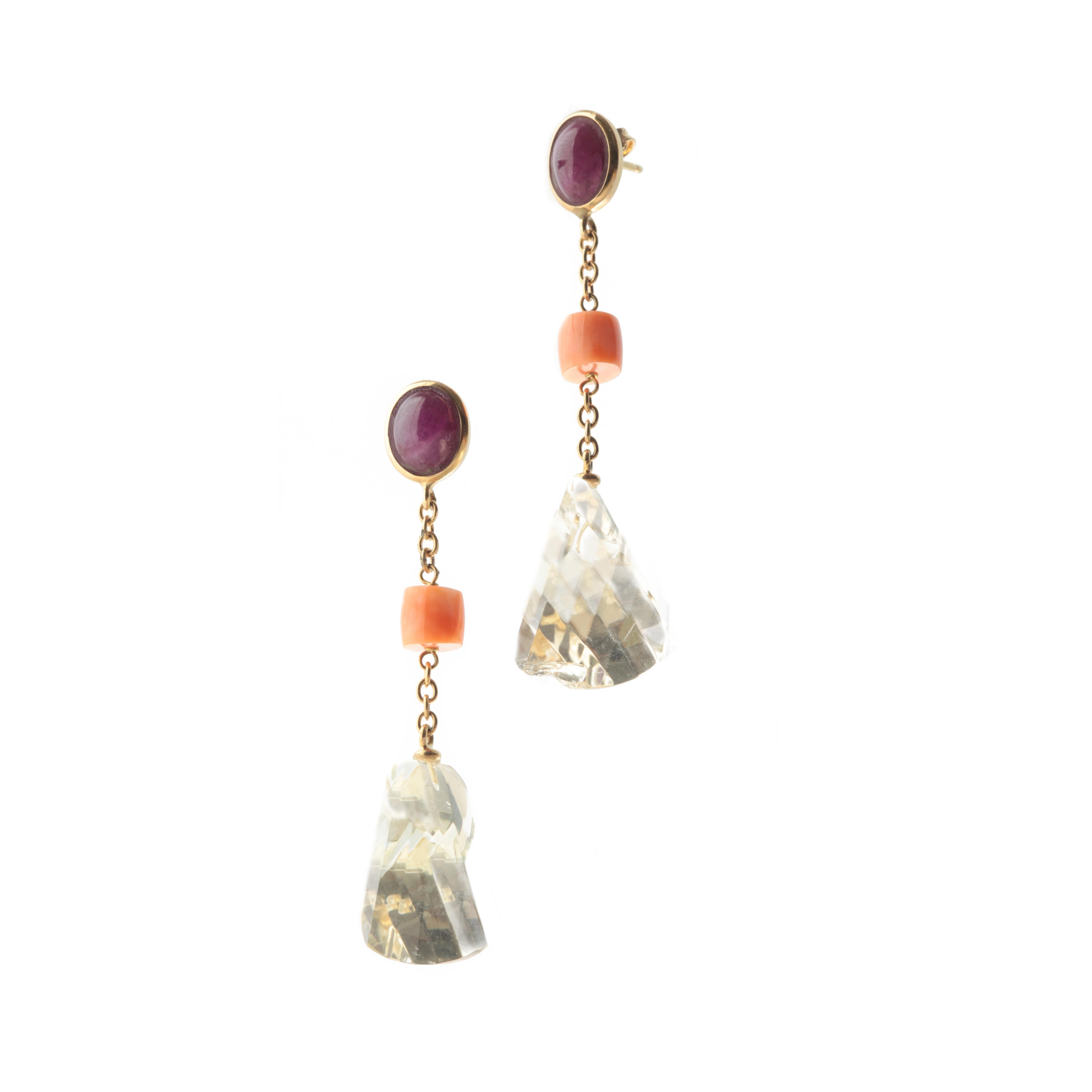 Rubin Citrin Quarz Rosa Koralle 18 Karat Gelbgold Pendel-Ohrringe (Retro) im Angebot