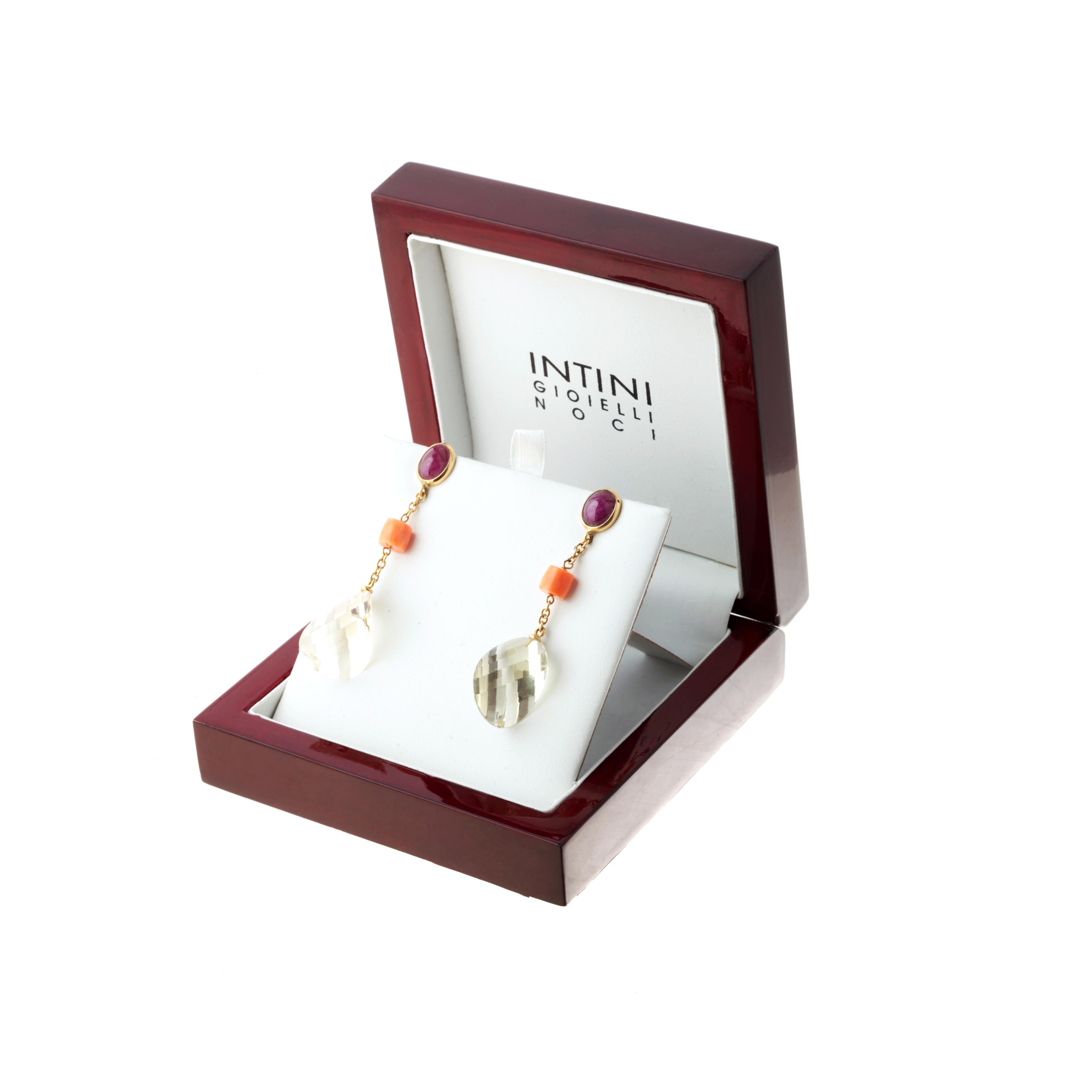 Rubin Citrin Quarz Rosa Koralle 18 Karat Gelbgold Pendel-Ohrringe (Gemischter Schliff) im Angebot