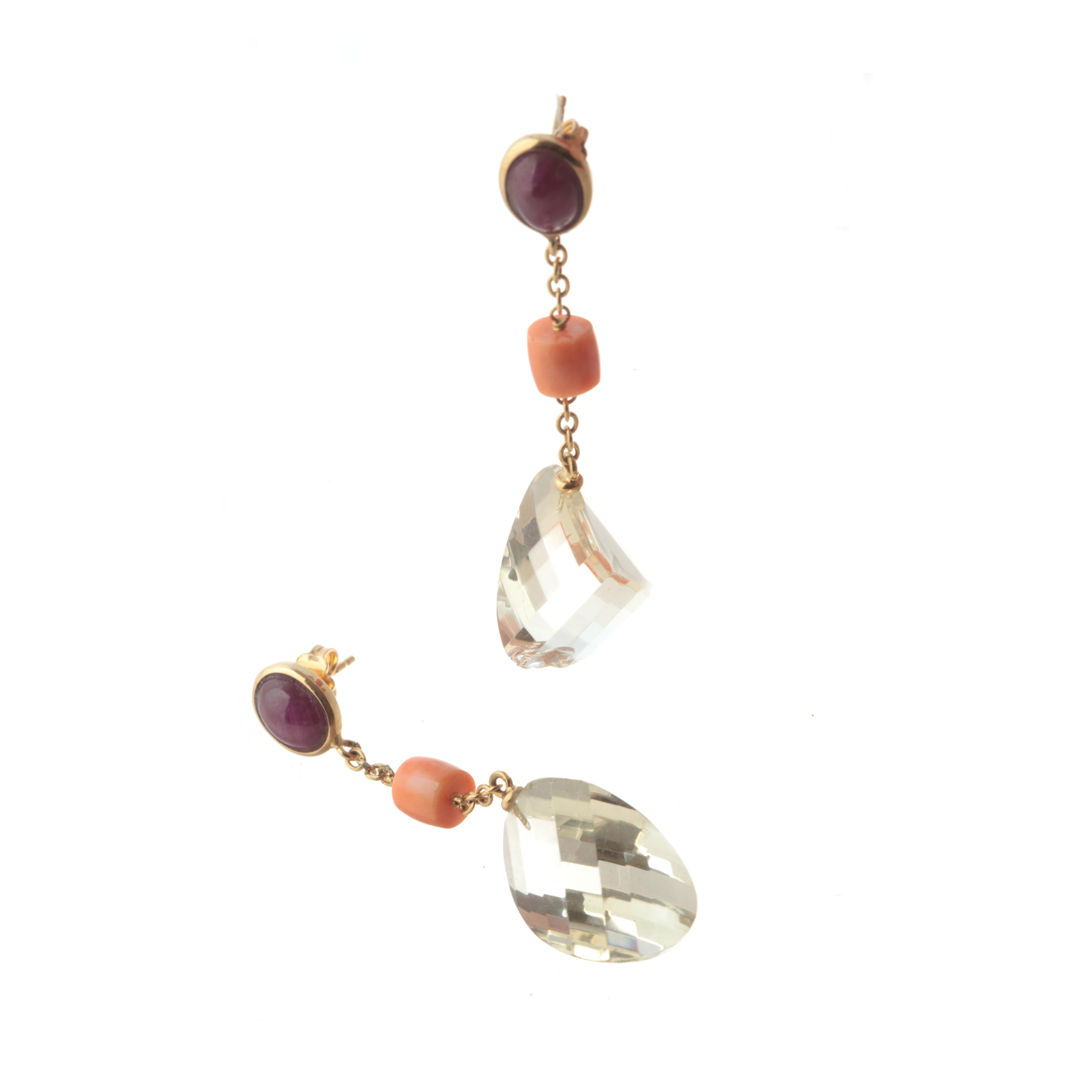 Rubin Citrin Quarz Rosa Koralle 18 Karat Gelbgold Pendel-Ohrringe im Zustand „Neu“ im Angebot in Milano, IT