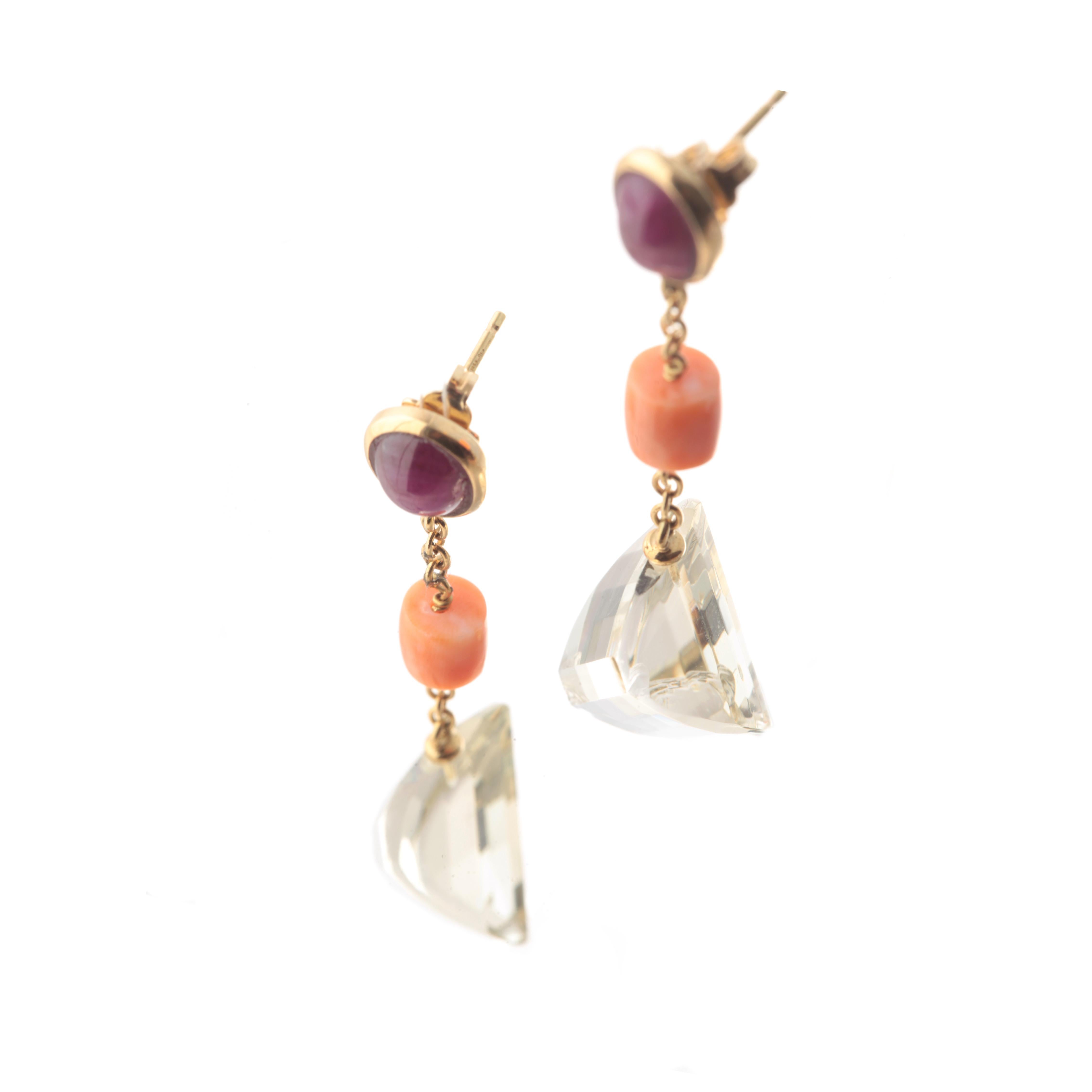 Rubin Citrin Quarz Rosa Koralle 18 Karat Gelbgold Pendel-Ohrringe Damen im Angebot