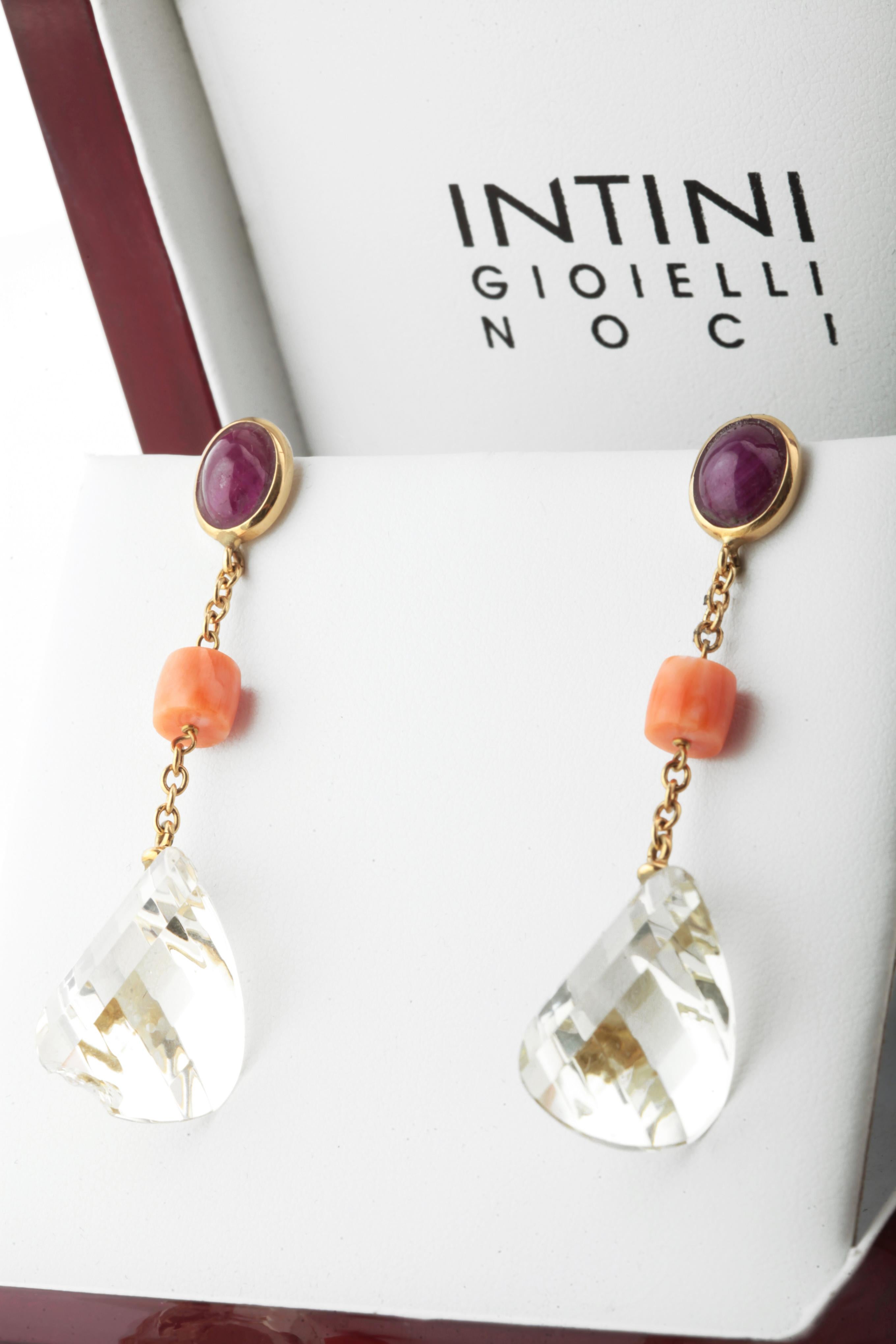 Rubin Citrin Quarz Rosa Koralle 18 Karat Gelbgold Pendel-Ohrringe im Angebot 1