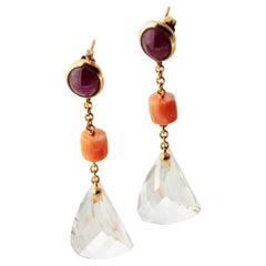 Ruby Citrine Quartz Pink Coral 18 Karat Yellow Gold Pendulum Dangle Earrings