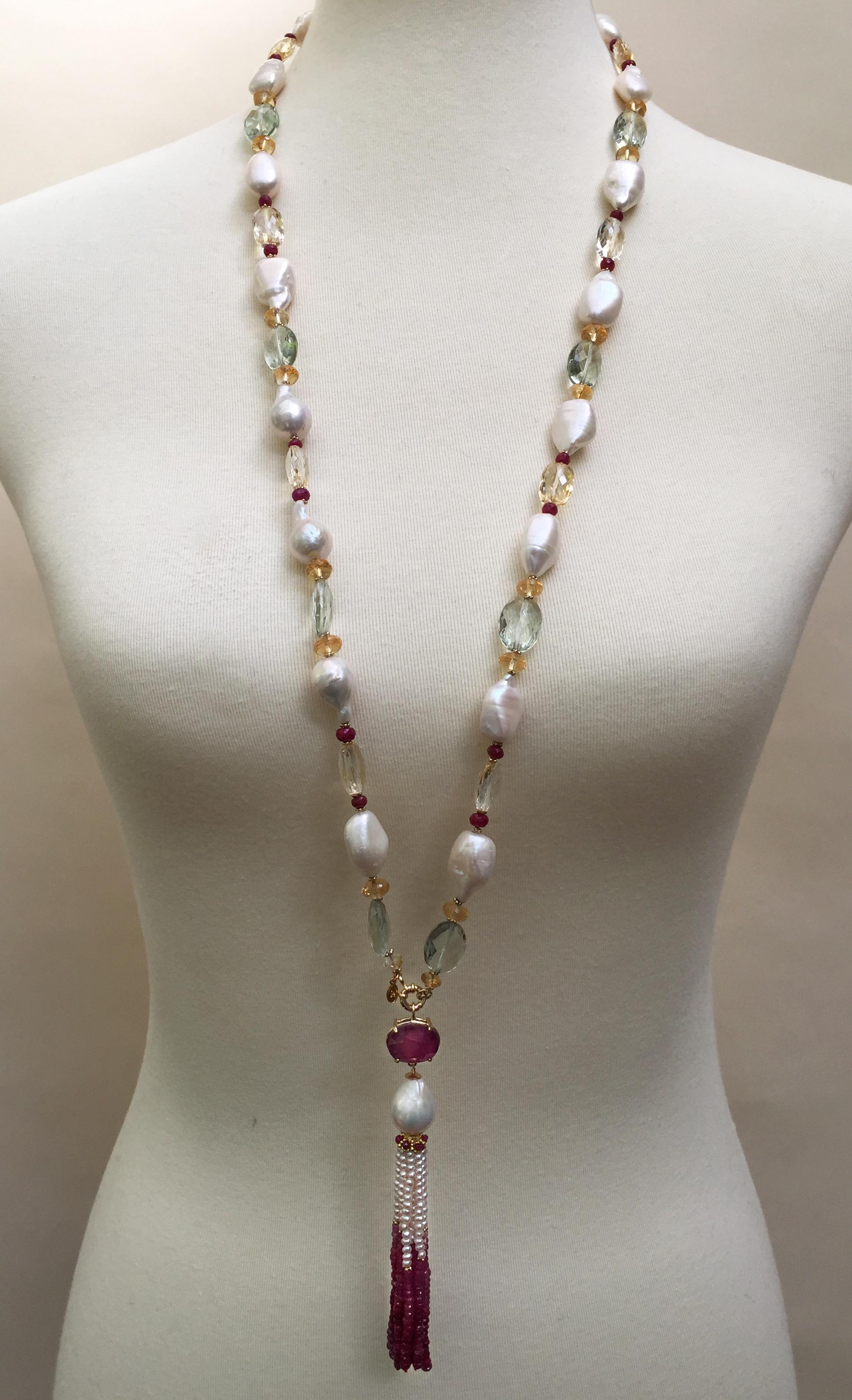 Contemporary Marina J. Ruby, Citrine, Topaz & Pearl Sautoir with 14K Yellow Gold And Tassels