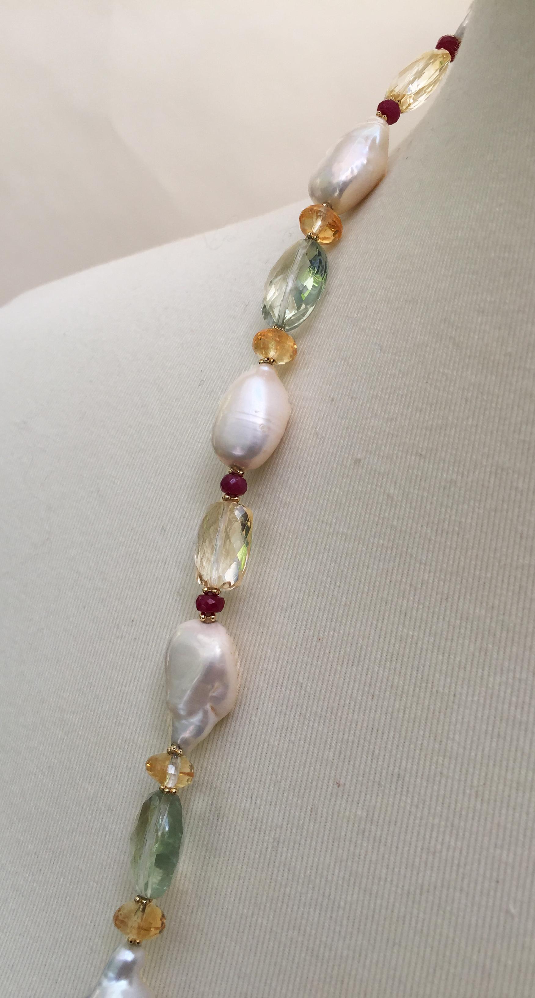 Marina J. Ruby, Citrine, Topaz & Pearl Sautoir with 14K Yellow Gold And Tassels In New Condition In Los Angeles, CA