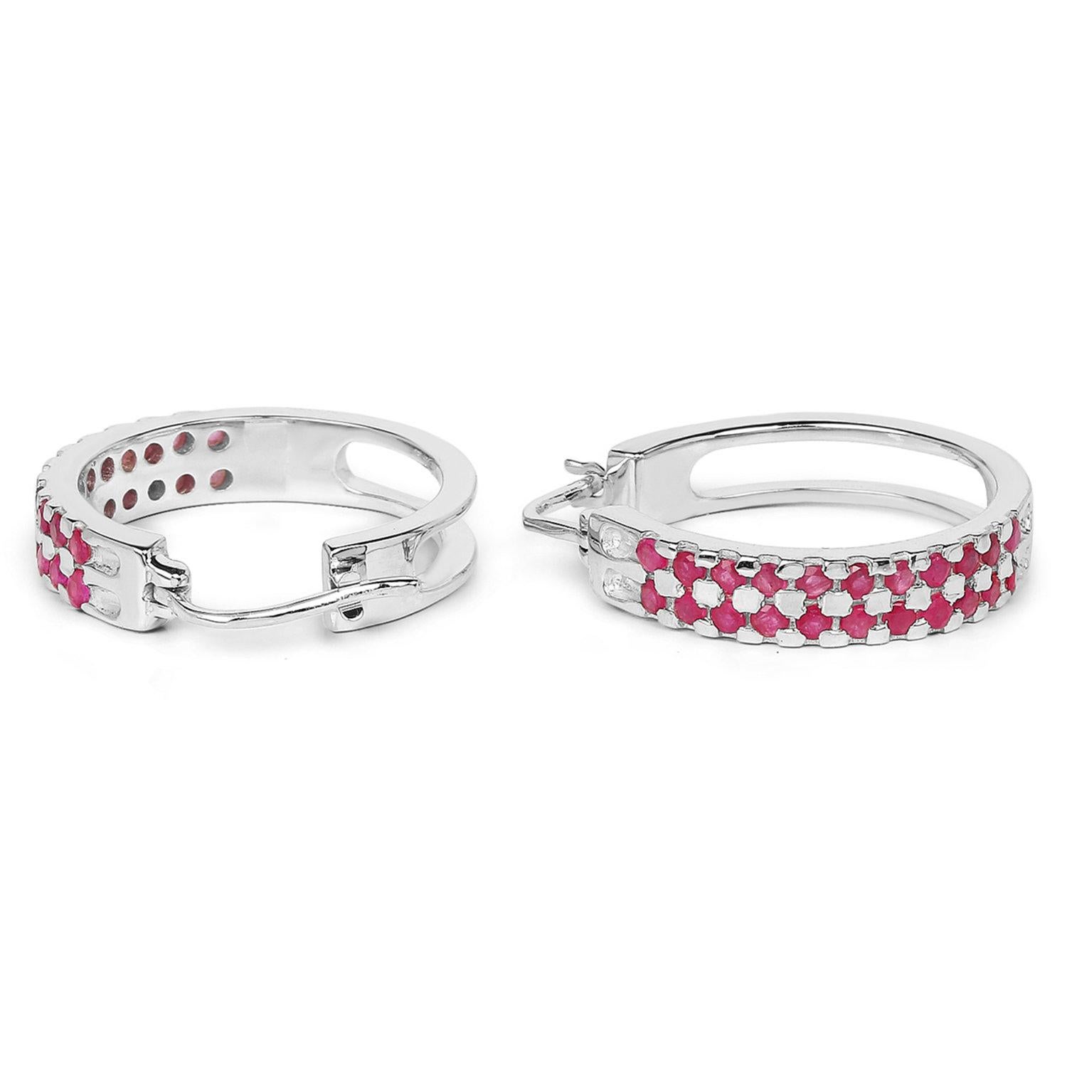 Contemporary Ruby Cluster Hoop Earrings 1.9 Carats Rhodium Plated Silver For Sale