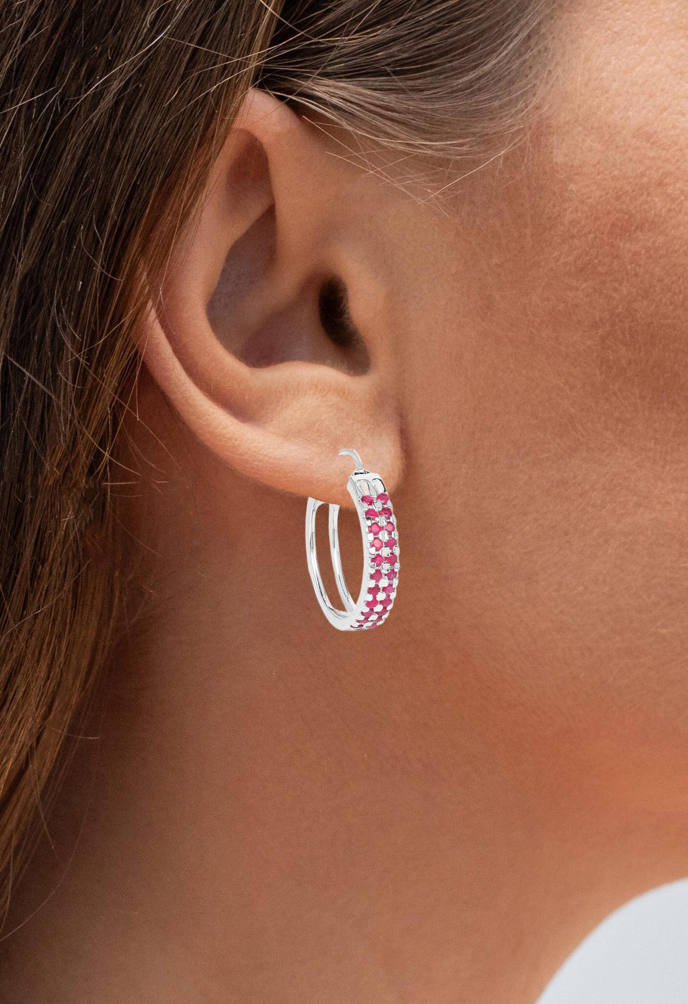 Round Cut Ruby Cluster Hoop Earrings 1.9 Carats Rhodium Plated Silver For Sale