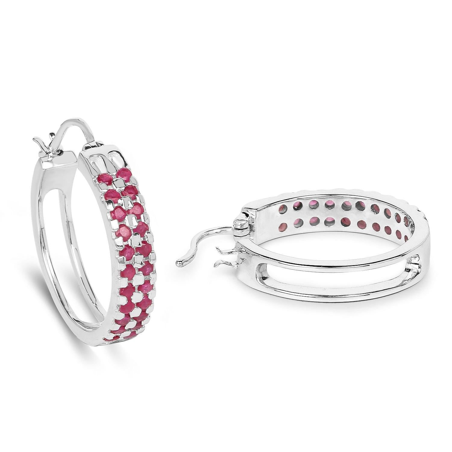 Ruby Cluster Hoop Earrings 1.9 Carats Rhodium Plated Silver In Excellent Condition For Sale In Punta Gorda, FL