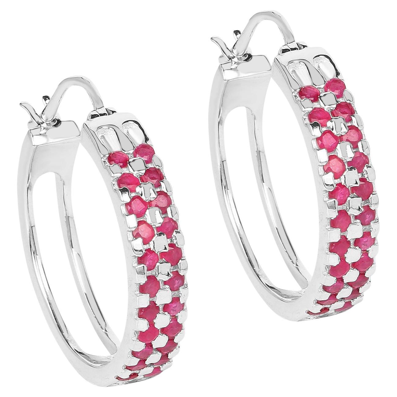 Ruby Cluster Hoop Earrings 1.9 Carats Rhodium Plated Silver For Sale