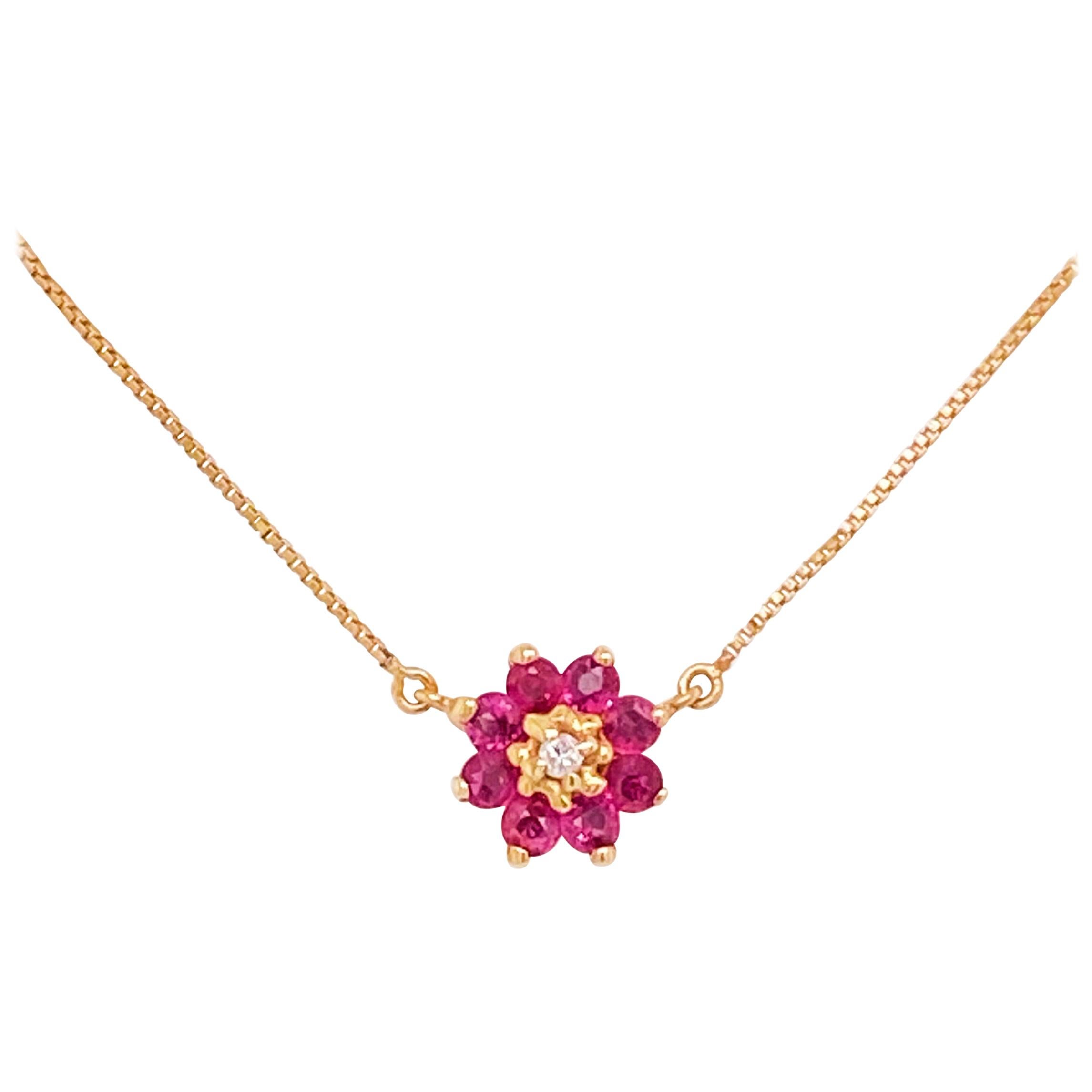 Ruby Cluster Necklace, Diamond, 14 Karat Yellow Gold, Flower Pendant, Dainty For Sale