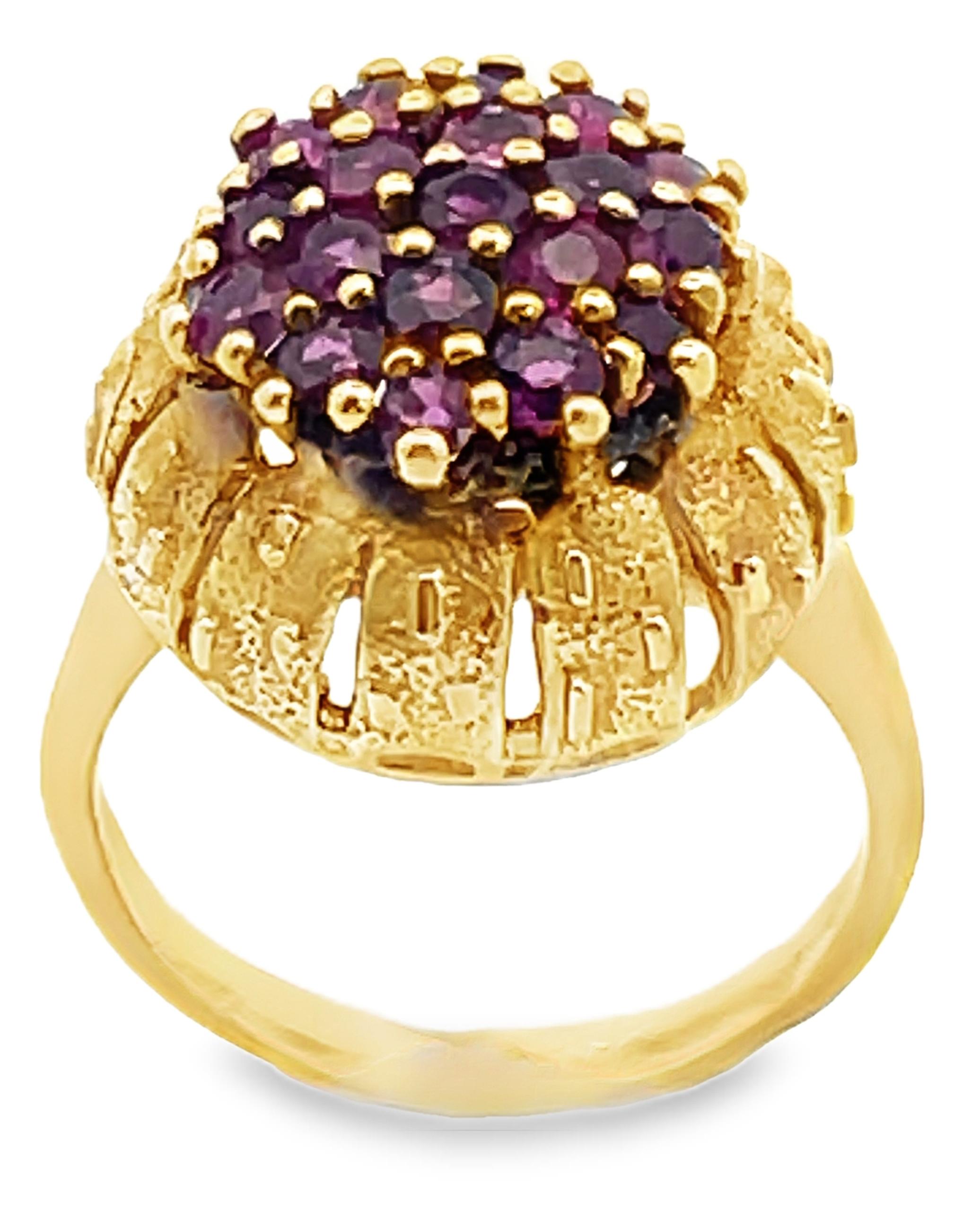 14K yellow gold ring with cluster of round rubies weighing 0.30 carat total. 

- Finger size 7.5, can be sized up or down by up to 2 sizes