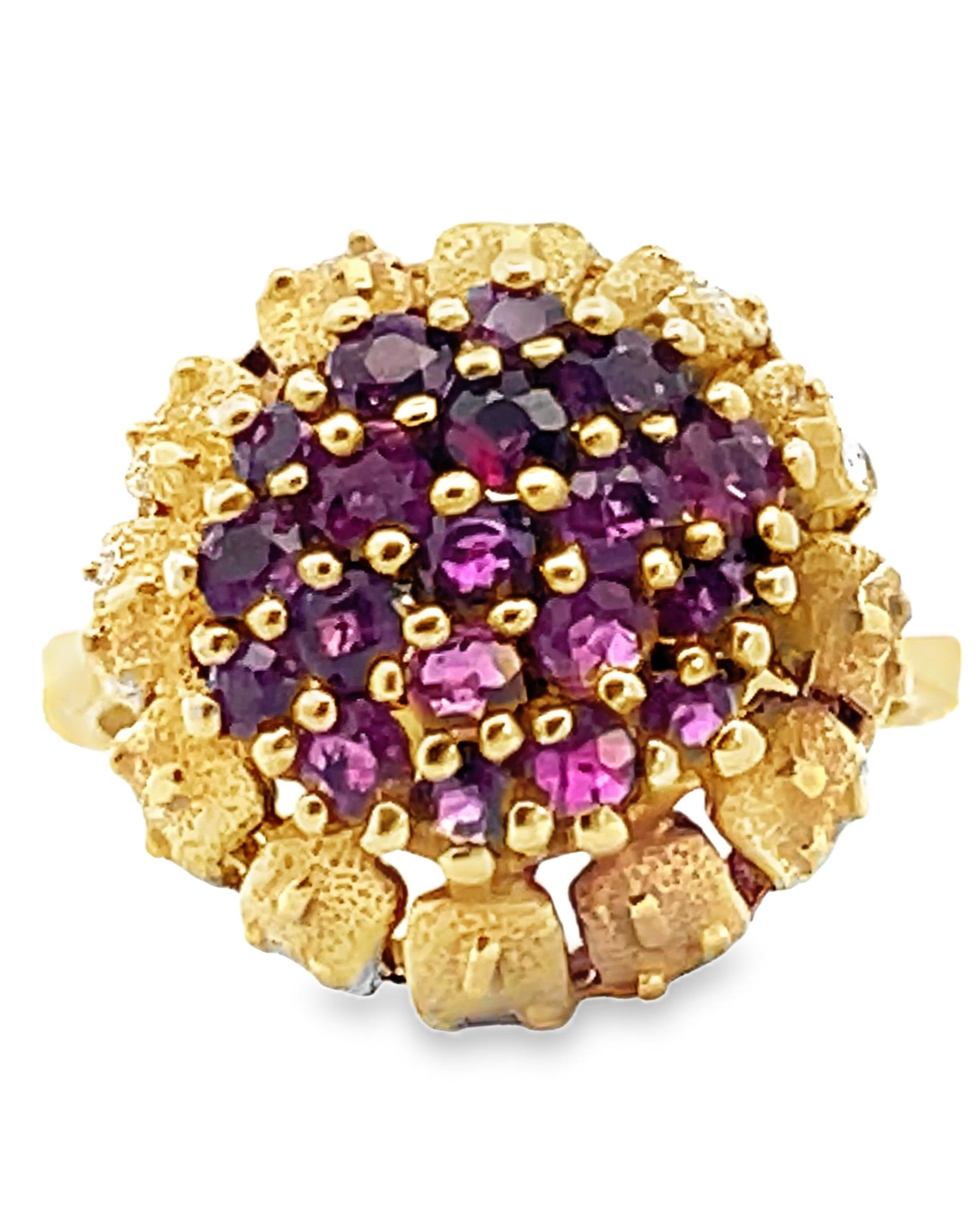 Contemporary Ruby Cluster Ring in Elevated Cathedral Textured Setting in 14K Yellow Gold For Sale