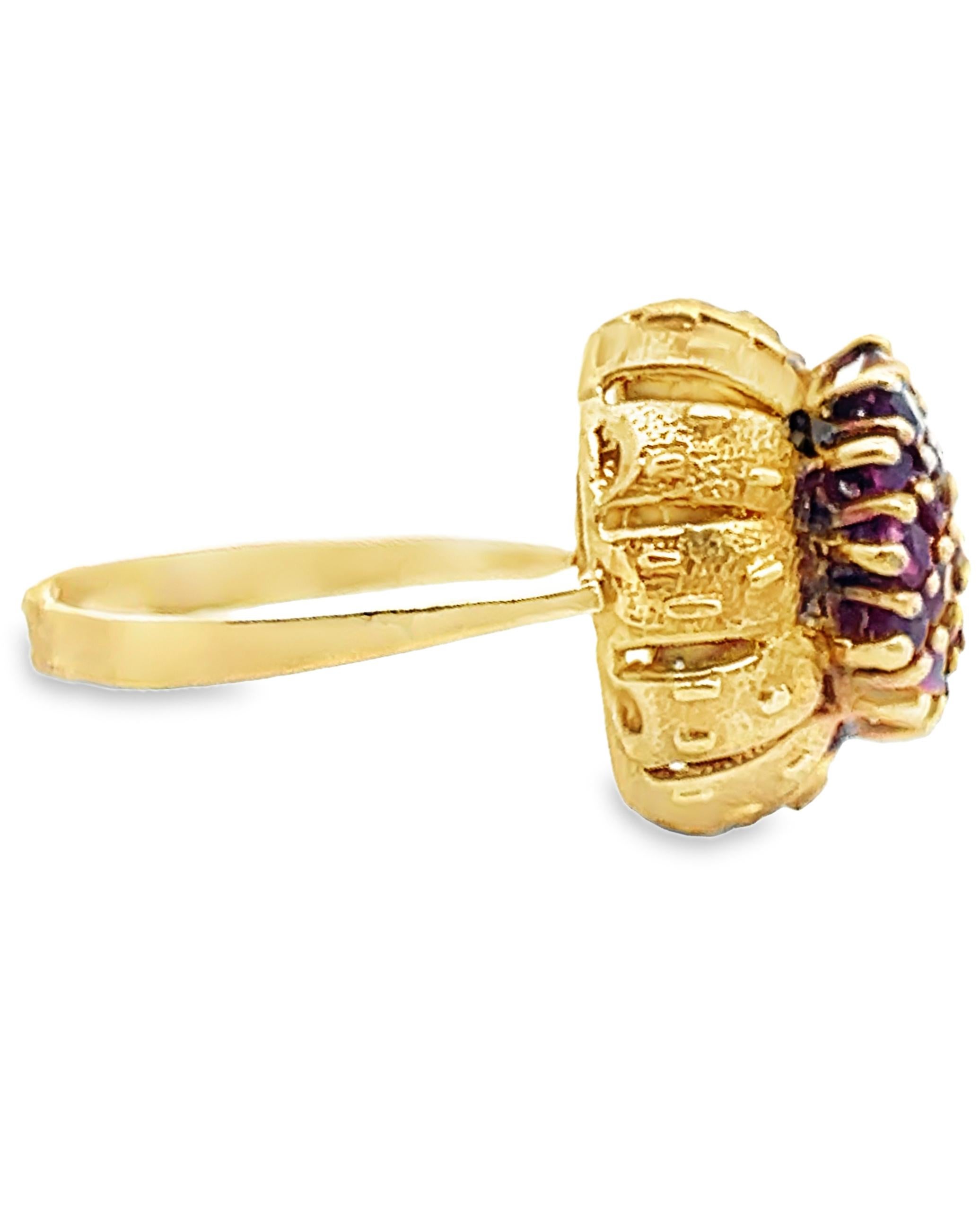 Ruby Cluster Ring in Elevated Cathedral Textured Setting in 14K Yellow Gold In New Condition For Sale In Old Tappan, NJ