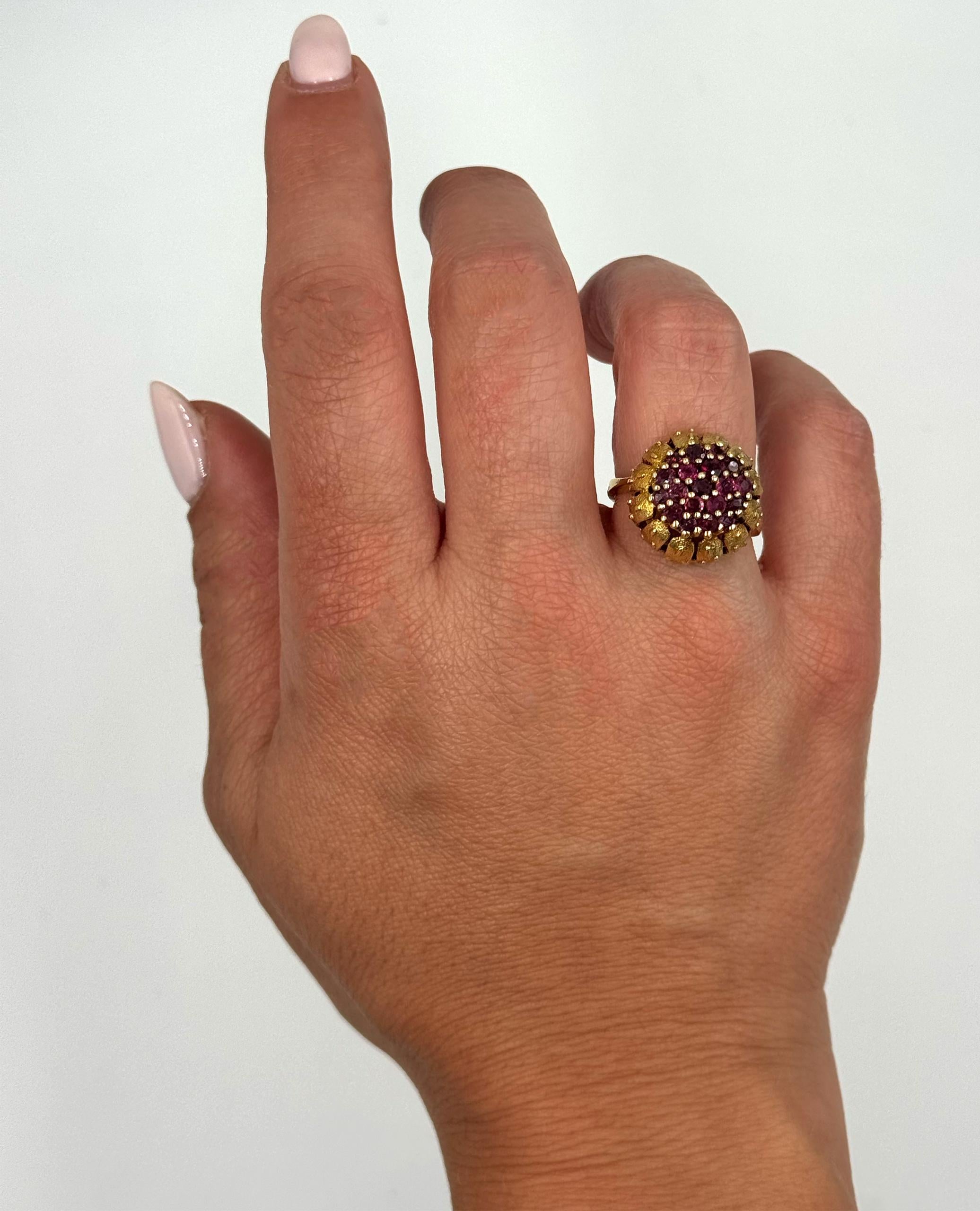 Women's Ruby Cluster Ring in Elevated Cathedral Textured Setting in 14K Yellow Gold For Sale