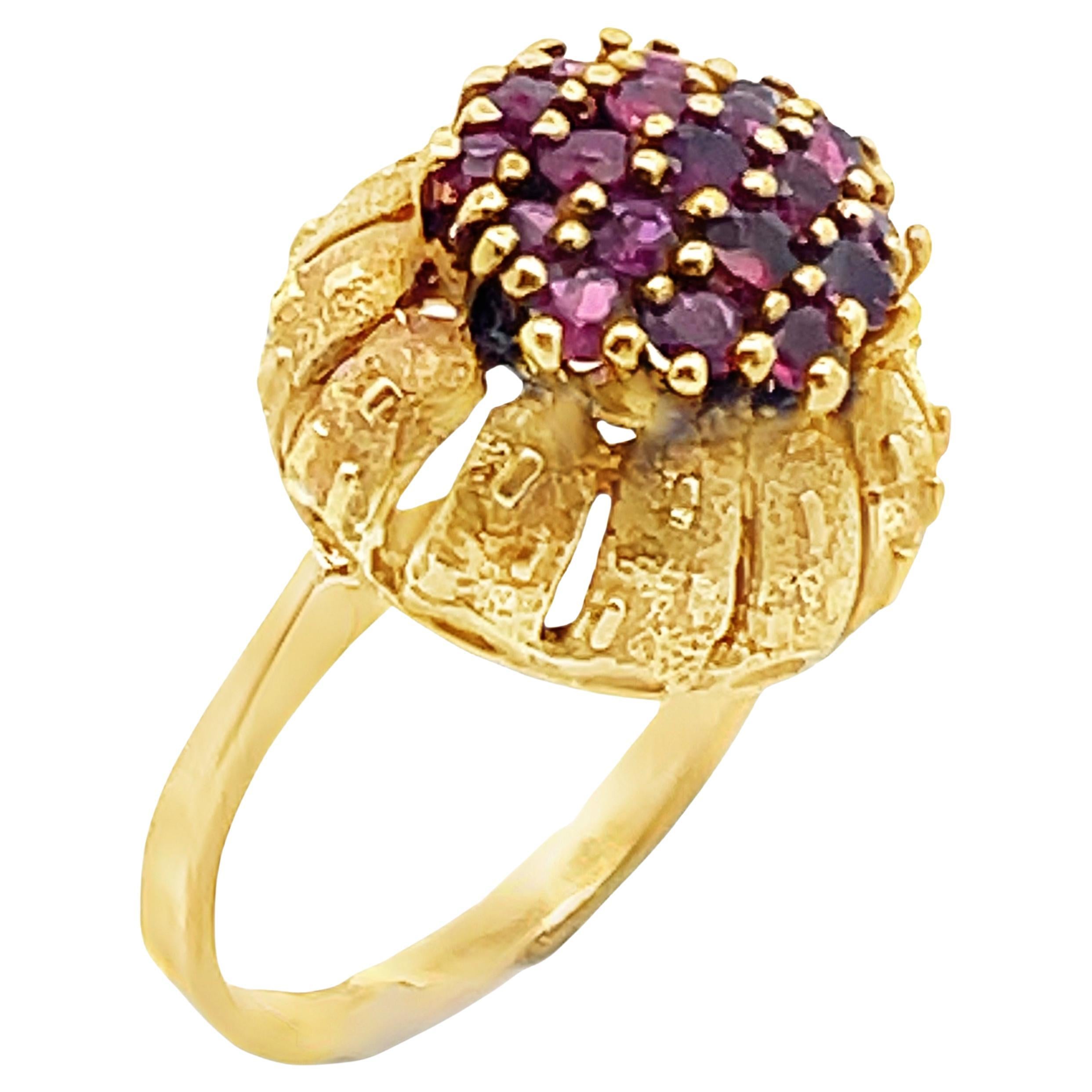 Ruby Cluster Ring in Elevated Cathedral Textured Setting in 14K Yellow Gold For Sale