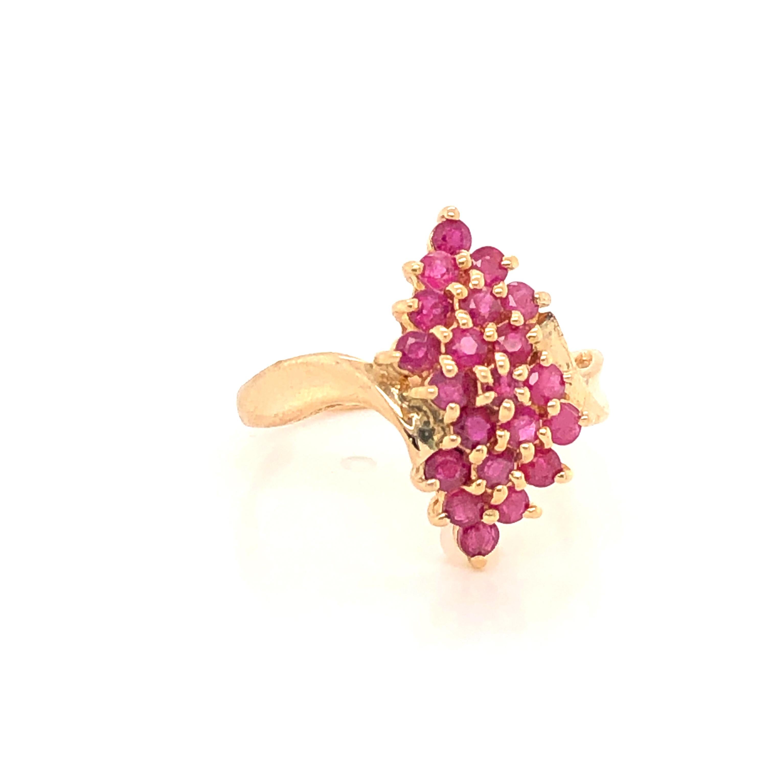 Round Cut Ruby Cluster Yellow Gold Pyramid Cocktail Ring