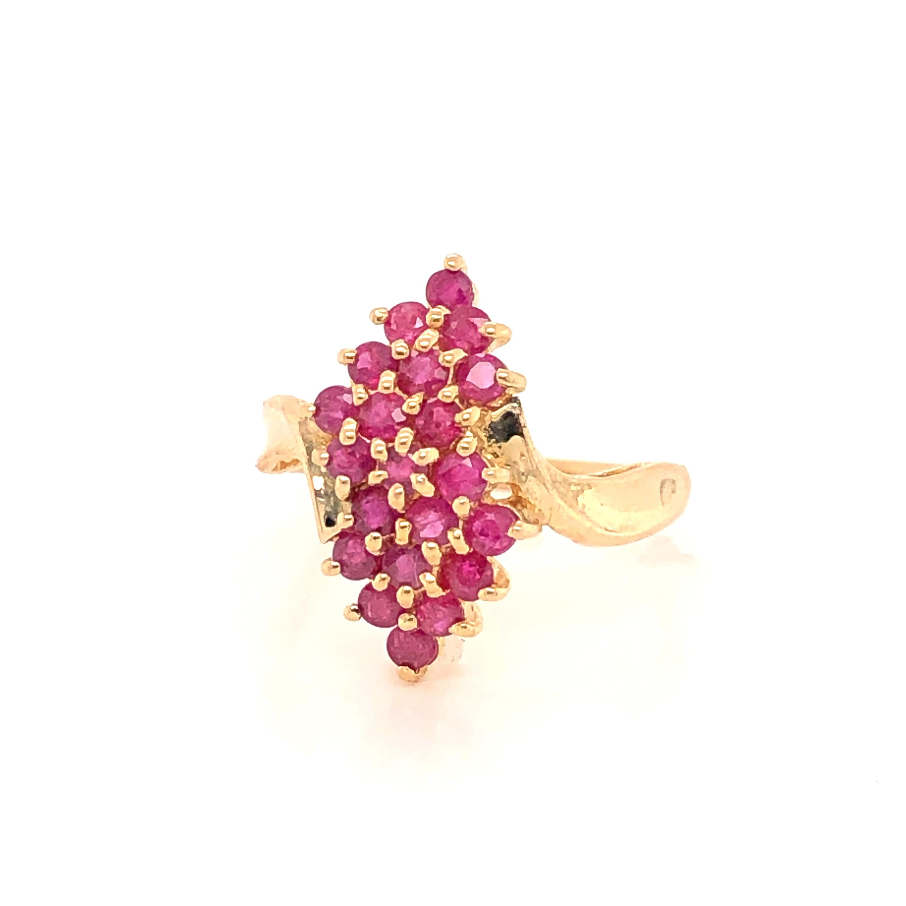 Ruby Cluster Yellow Gold Pyramid Cocktail Ring In Excellent Condition In Mount Kisco, NY