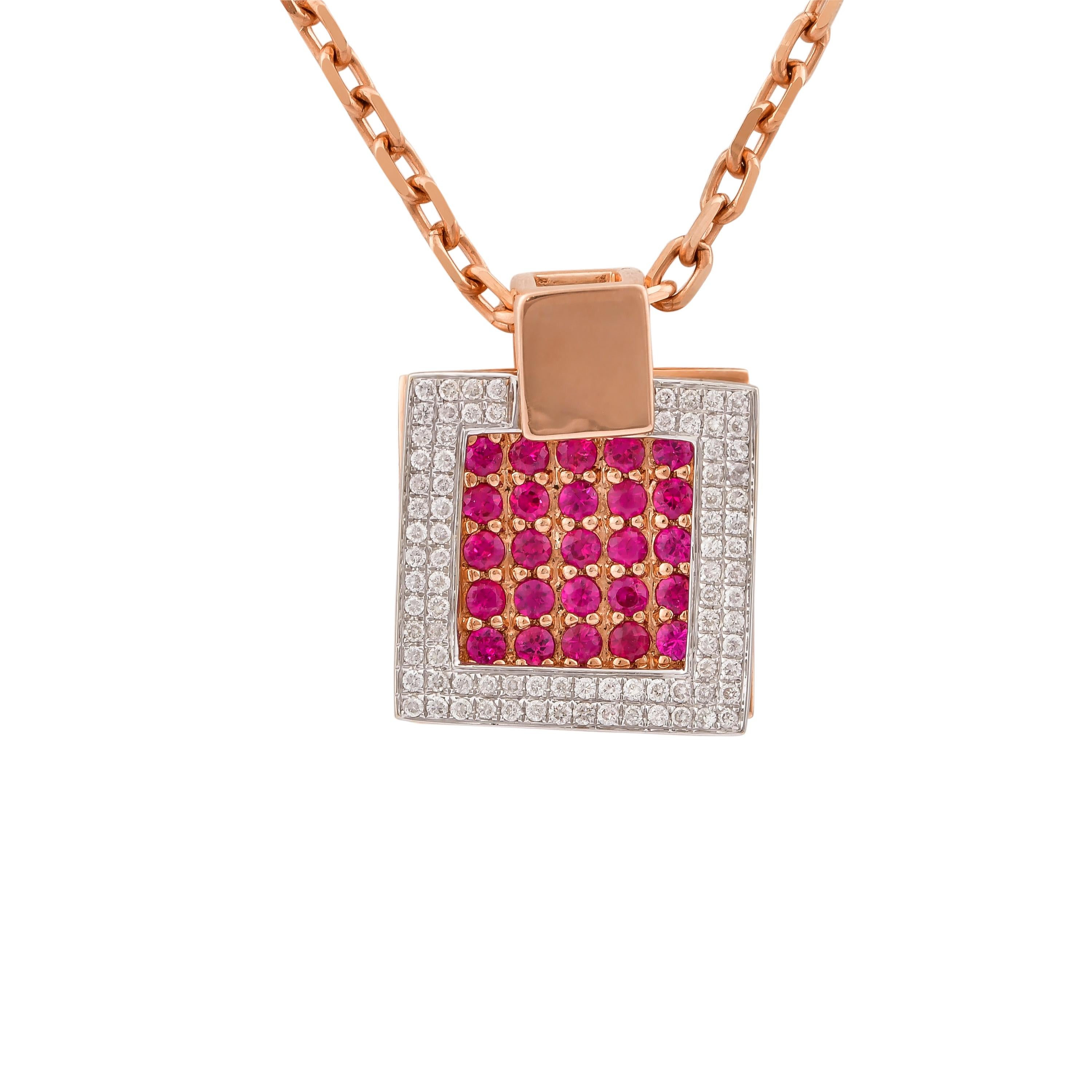 An exclusive collection of designer and unique cocktail pendants by Sunita Nahata Fine Design. 

Ruby Cocktail Pendant in 14 Karat Rose Gold.

Ruby: 0.63 carat, 1.65 Size, Round Shape.
Diamond: 0.175 carat, 0.80 Size, Round Shape, G colour, VS
