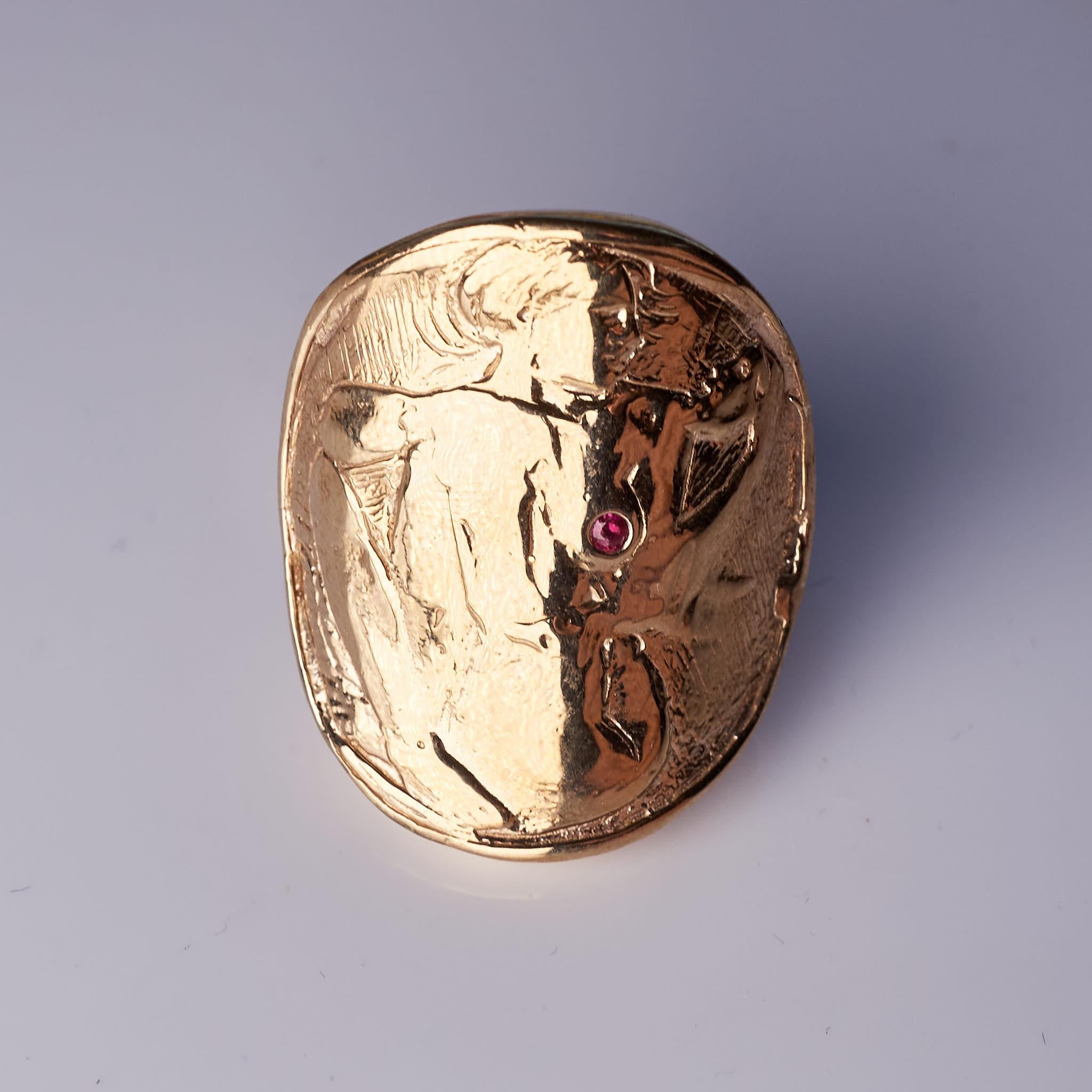 Contemporary Ruby Cocktail Ring Coin Woman with Mask Bronze J Dauphin For Sale