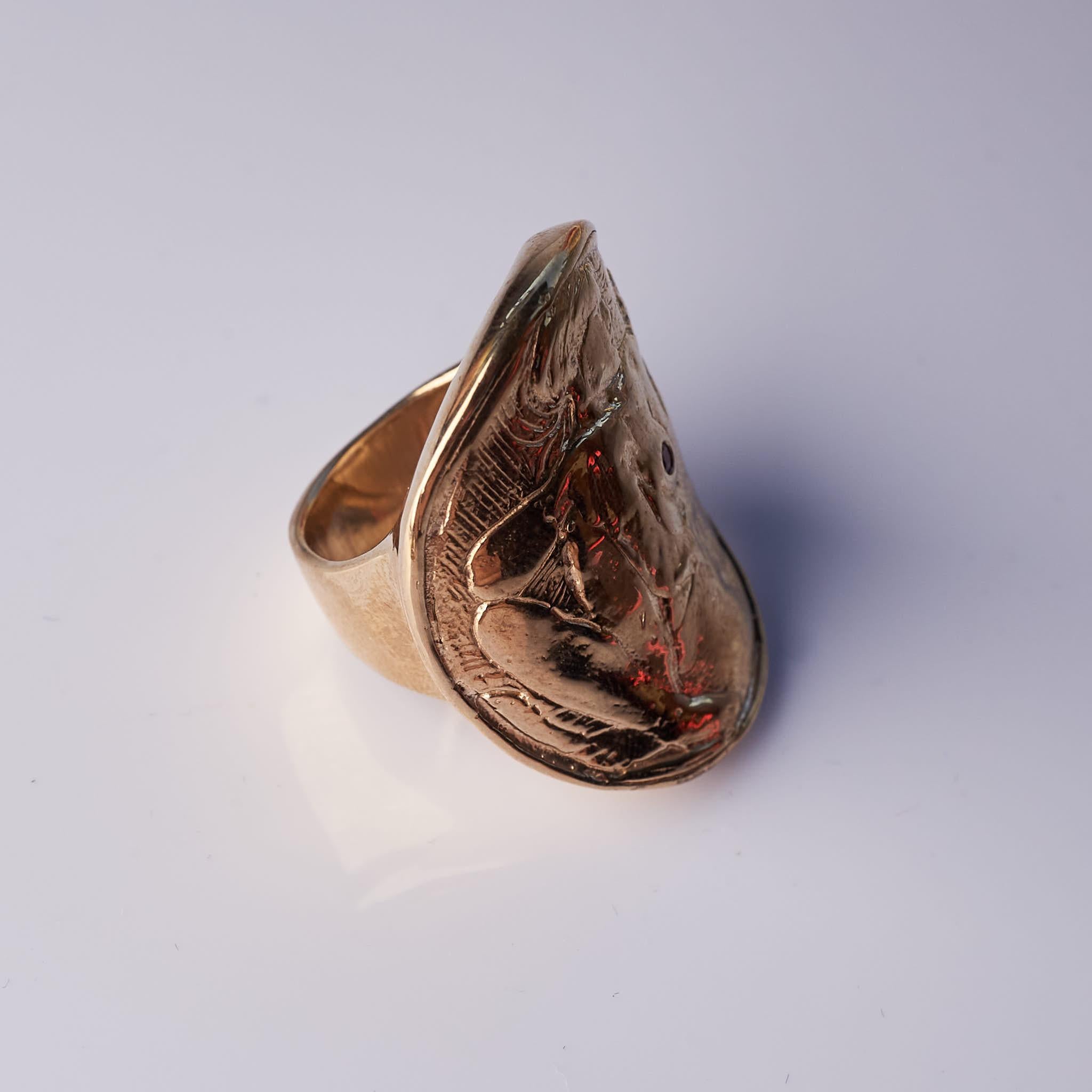 Brilliant Cut Ruby Cocktail Ring Coin Woman with Mask Bronze J Dauphin For Sale