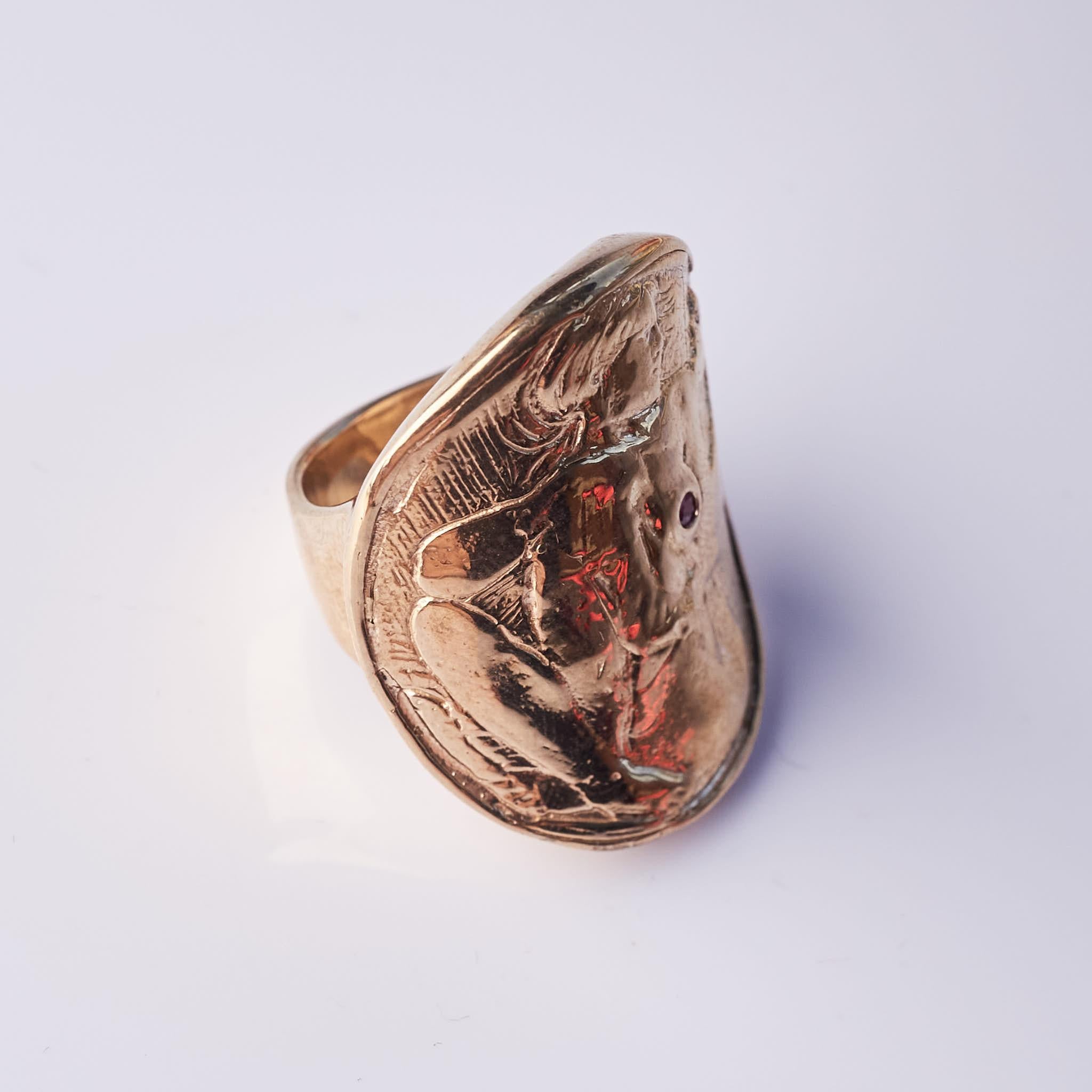 Ruby Cocktail Ring Coin Woman with Mask Bronze J Dauphin In New Condition For Sale In Los Angeles, CA