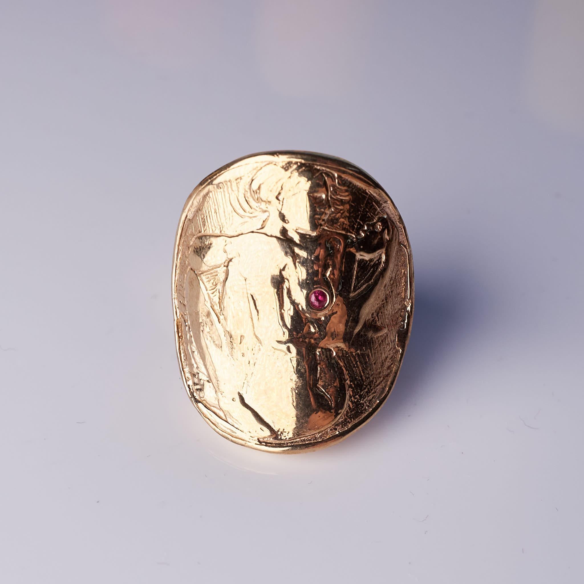Women's Ruby Cocktail Ring Coin Woman with Mask Bronze J Dauphin For Sale
