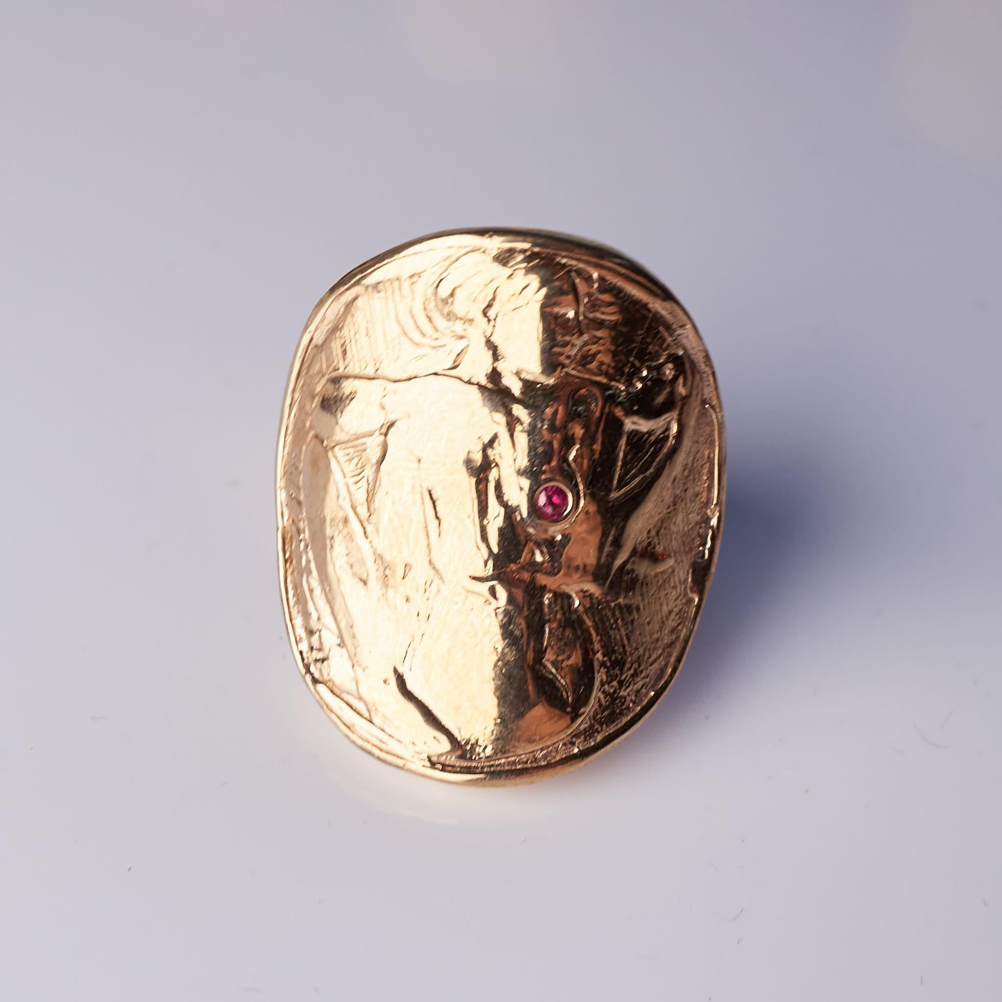 Ruby Cocktail Ring Coin Woman with Mask Bronze J Dauphin For Sale 1