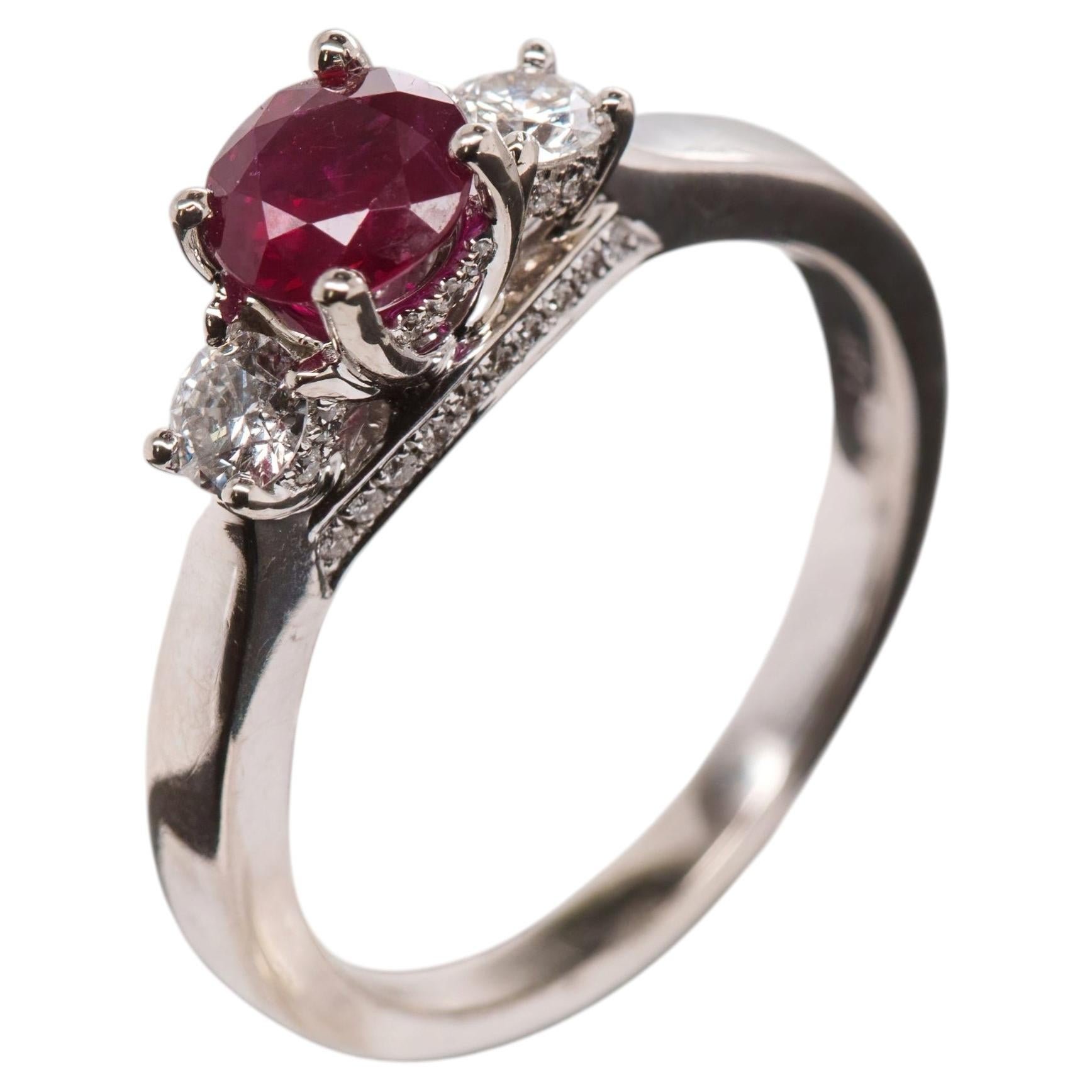 Three-Stone Ruby Diamond Ring in 14K White Gold