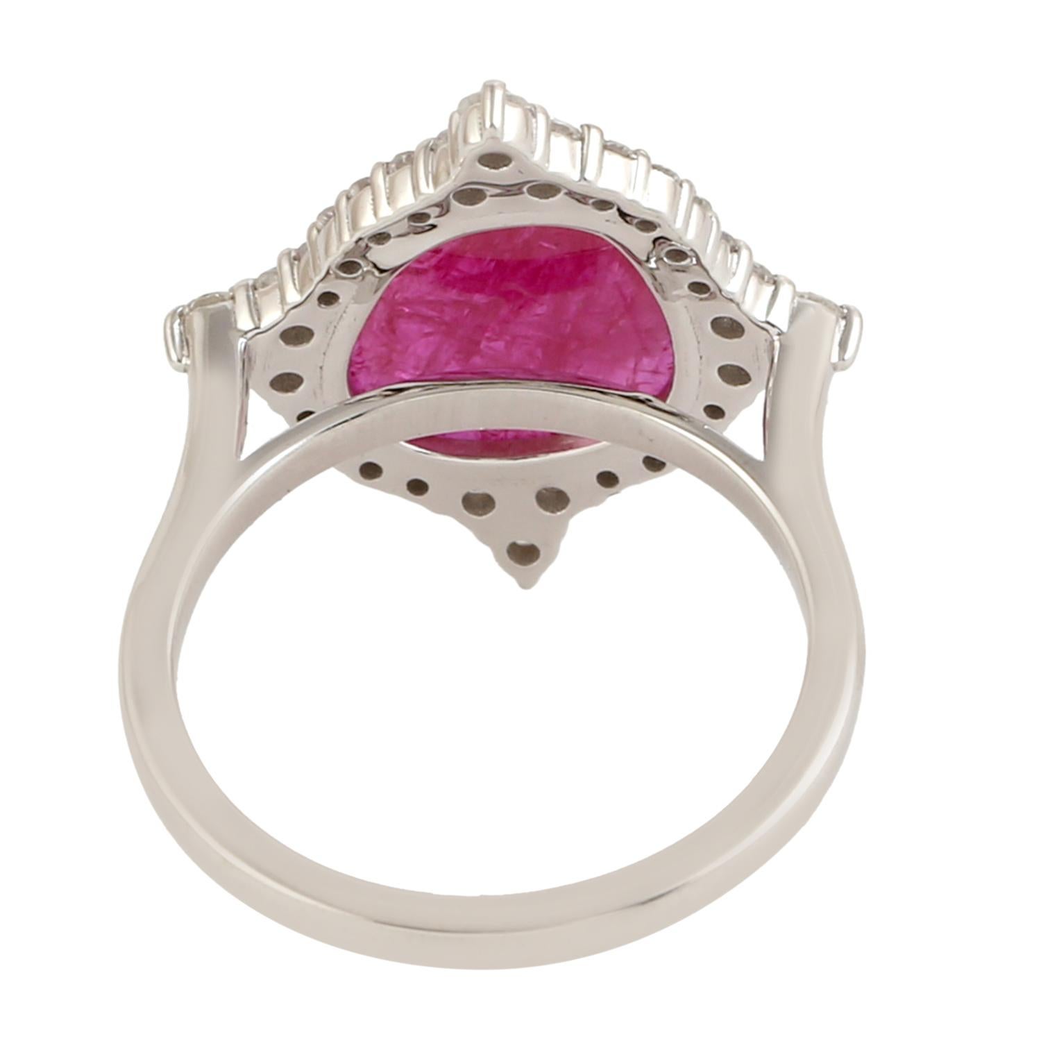 Art Deco Ruby Cocktail Ring With Diamonds Made In 18k White Gold For Sale