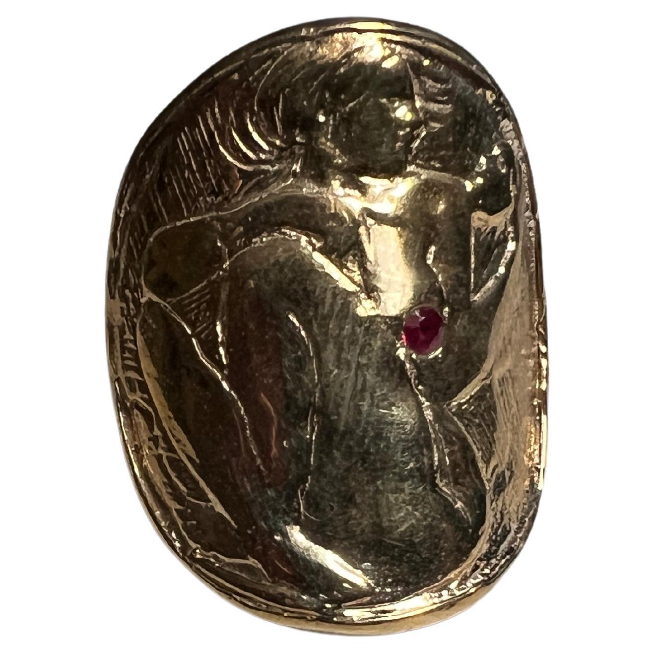 Contemporary Ruby Coin Ring Woman Holding a Mask Bronze J Dauphin For Sale