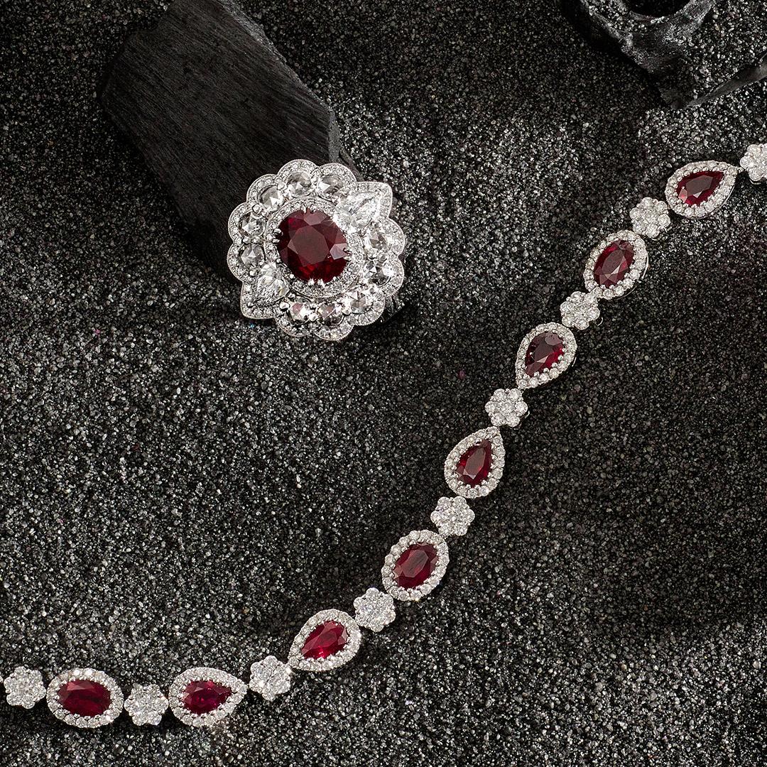 This exquisite collection comprises of our Imperatrice Ruby dress ring, and our stunning Ruby and Diamond Tennis Bracelet. The Ruby ring is crafted with an extraordinary 3.062ct unheated Oval Ruby from Mozambique at its centre and surrounded with