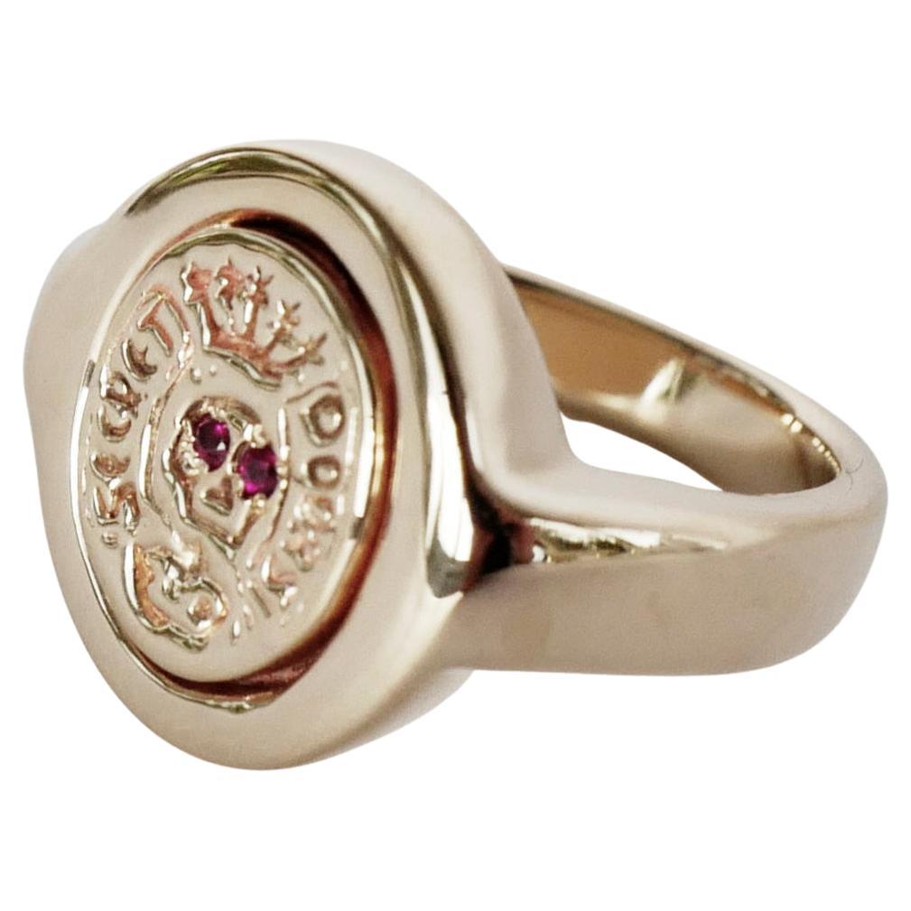 Ruby Crest Signet Ring Memento Mori Style Gold Vermeil Skull Victorian Style For Sale